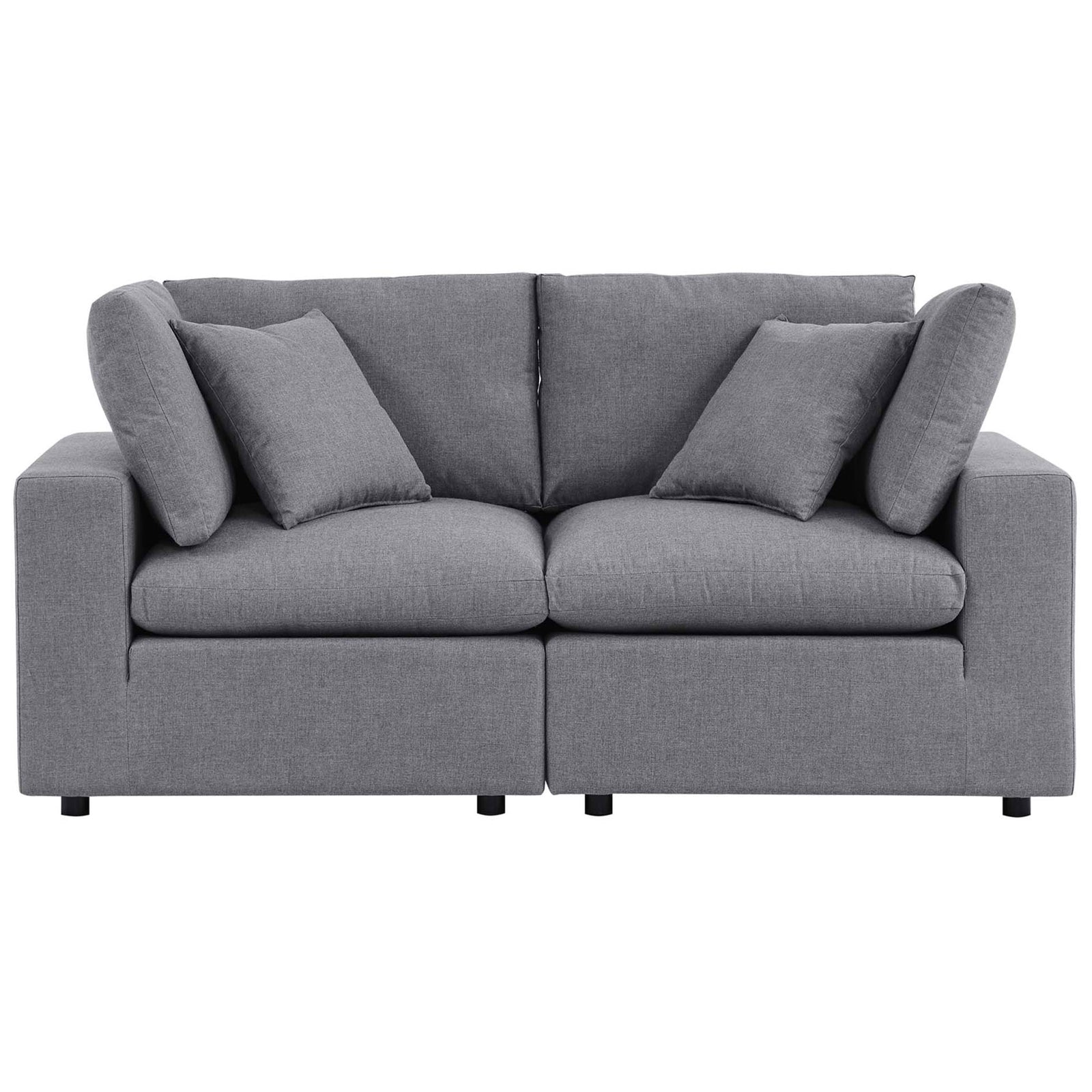 Gray Sunbrella outdoor loveseat with generously padded back cushions and deep seating for two || EEI-5577-SLA || front_studio