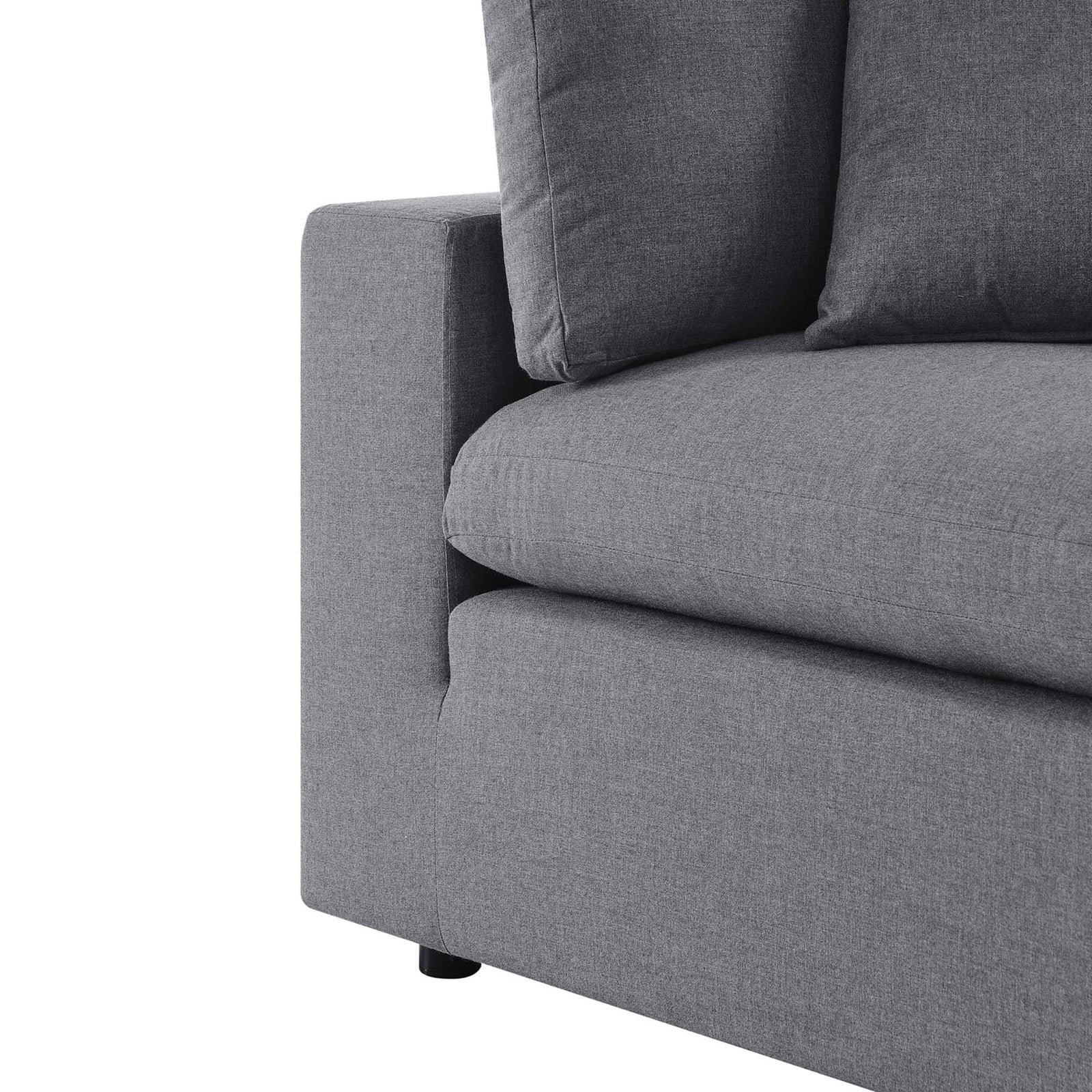 Gray loveseat arm and seat cushion highlighting durable Sunbrella fabric and tailored seams || EEI-5577-SLA || detail_studio