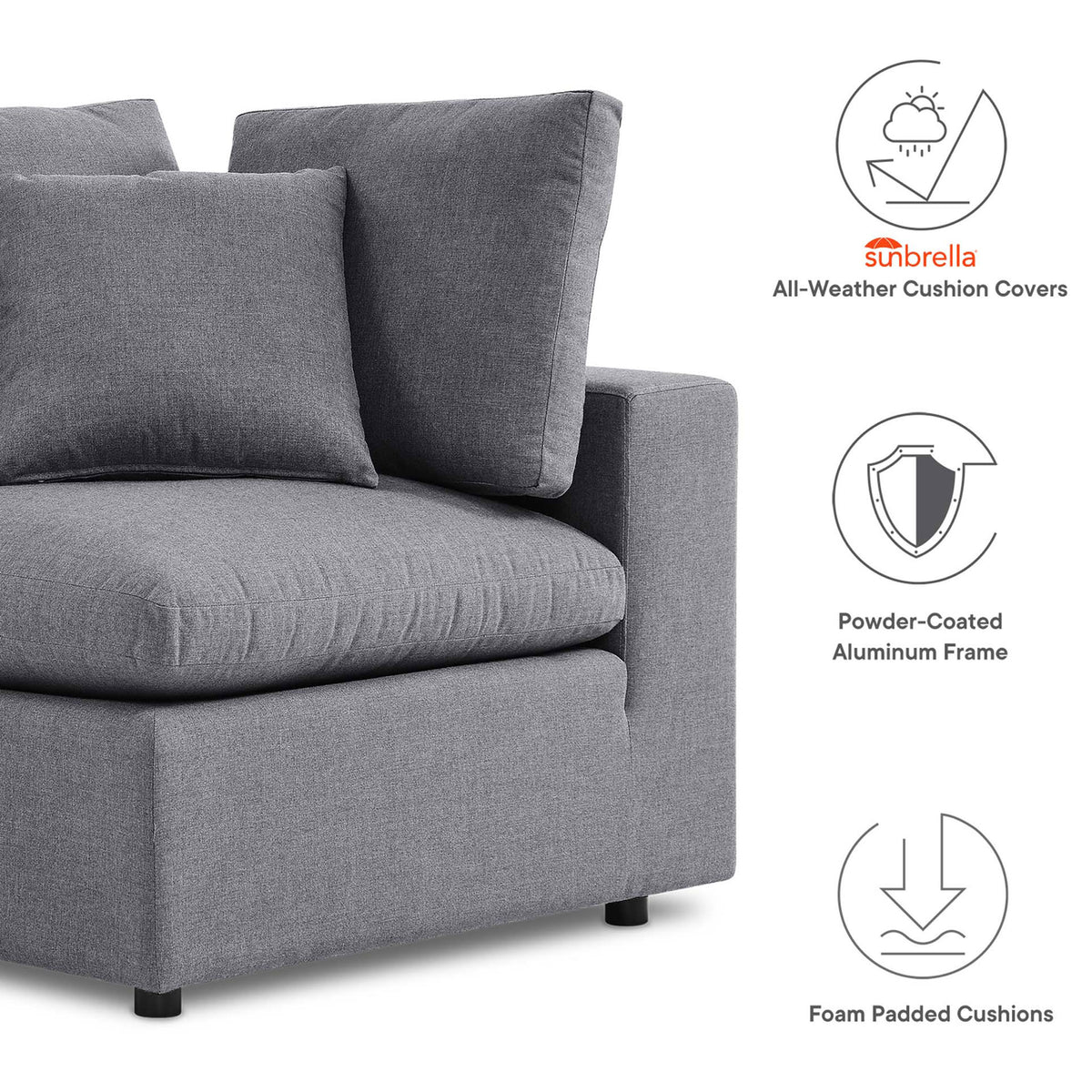 Gray corner chair beside icons calling out Sunbrella covers, foam cushions, and powder-coated frame || EEI-5577-SLA || callout_studio