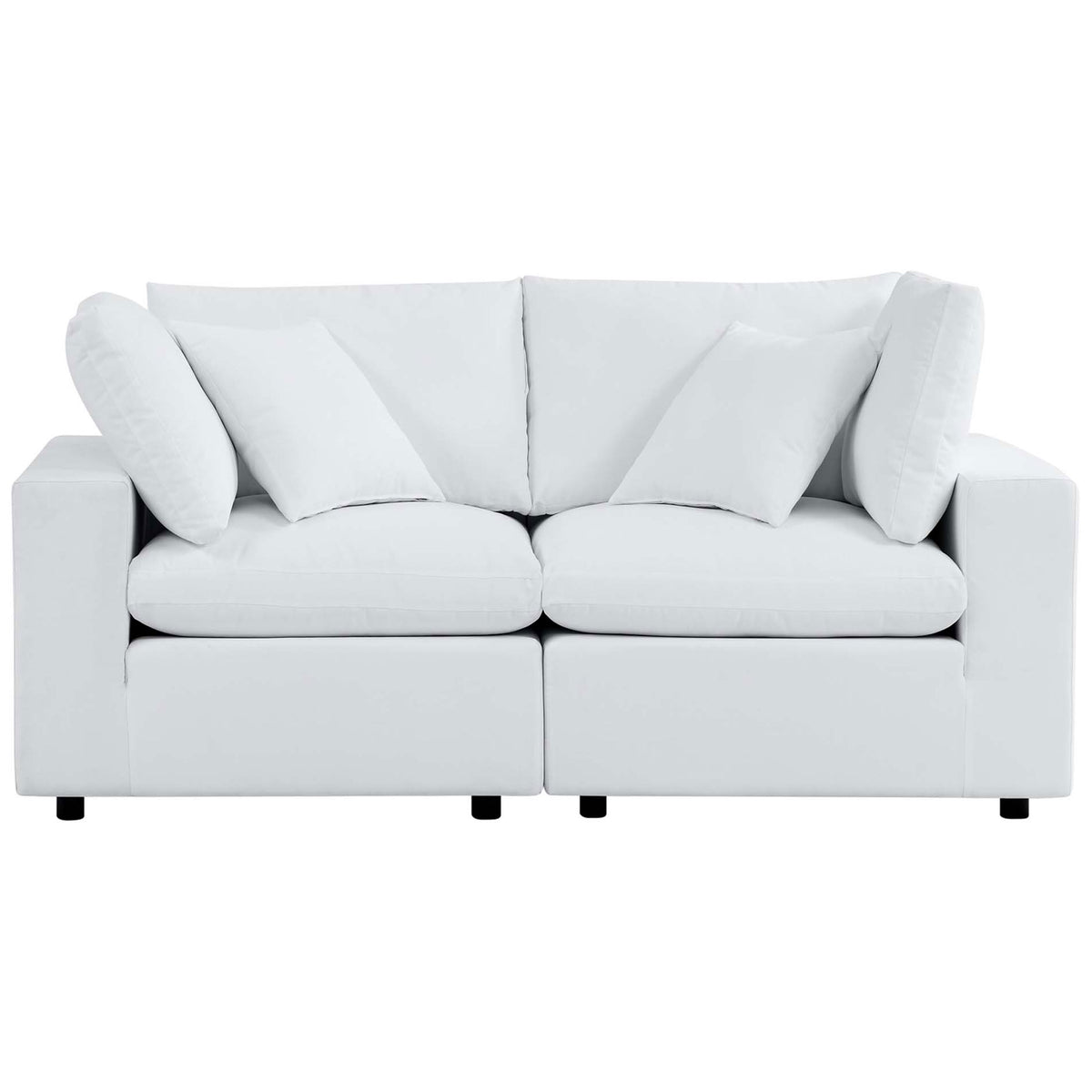 White Sunbrella outdoor loveseat with plush back cushions and spacious seating for two || EEI-5577-WHI || front_studio