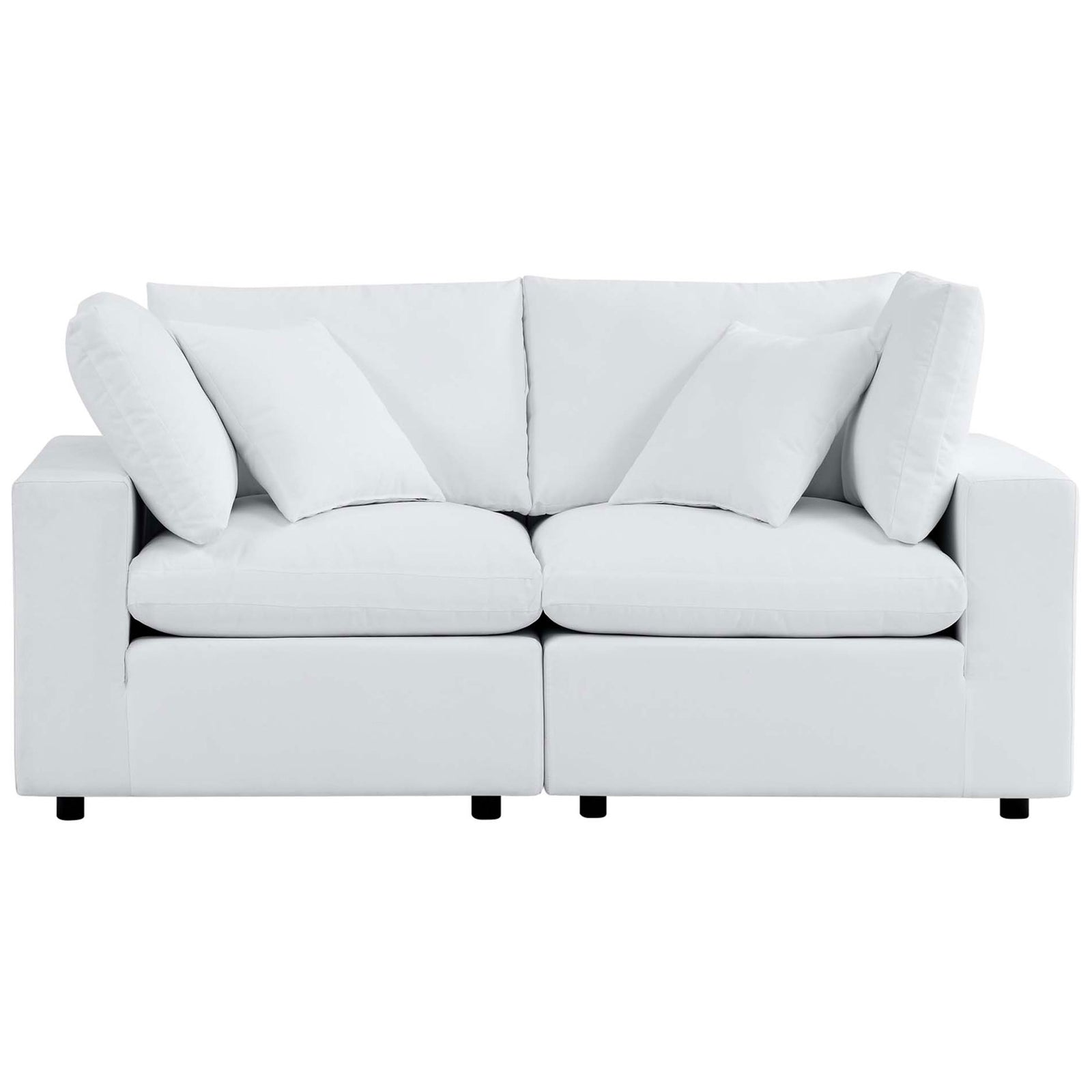 White Sunbrella outdoor loveseat with plush back cushions and spacious seating for two || EEI-5577-WHI || front_studio
