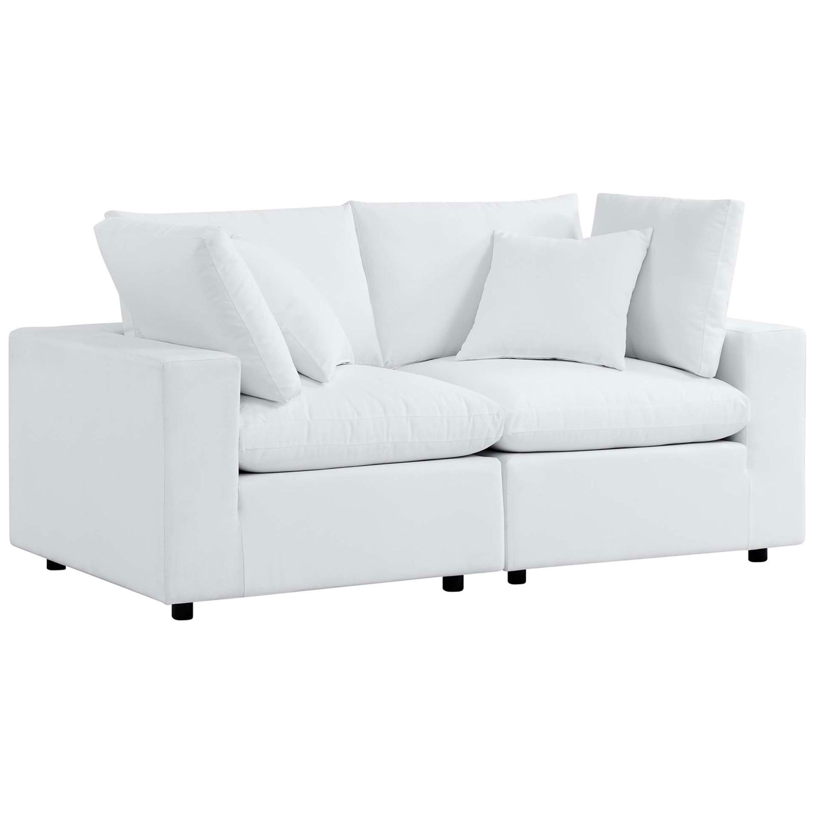 White patio loveseat with clean-lined arms and cozy Sunbrella cushions for relaxing outside || EEI-5577-WHI || front_angle_studio