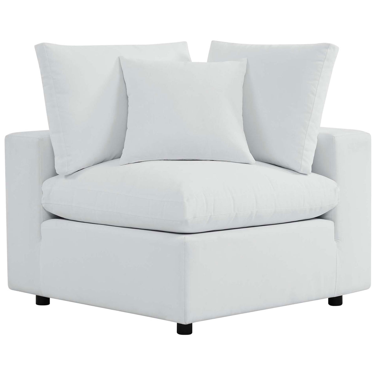 White modular corner chair with thick cushions, designed to build a comfortable Commix Sunbrella loveseat || EEI-5577-WHI || front_partial_studio