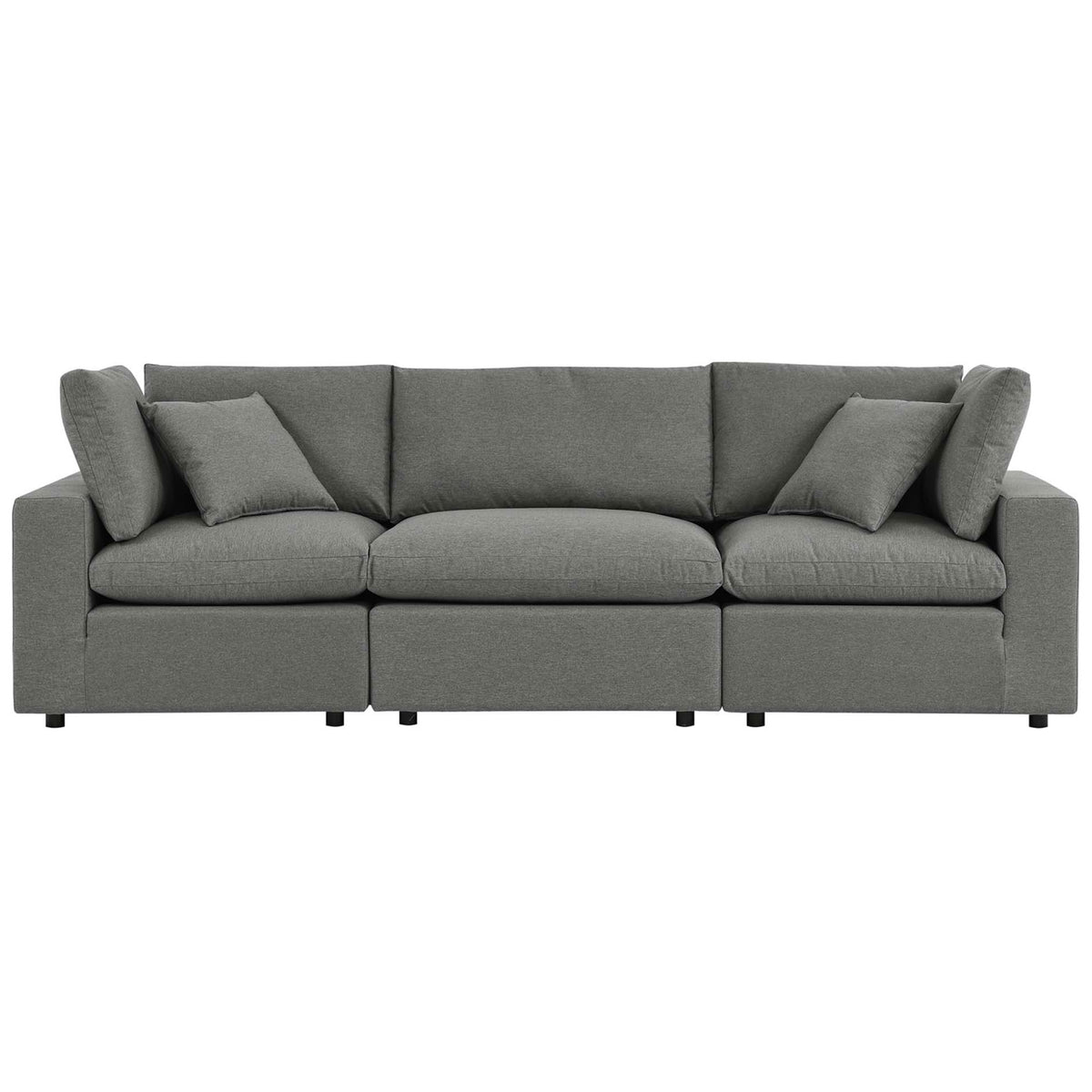 Charcoal outdoor modular sofa with three deep seat cushions, plush back pillows, and low block feet || EEI-5578-CHA || front_studio
