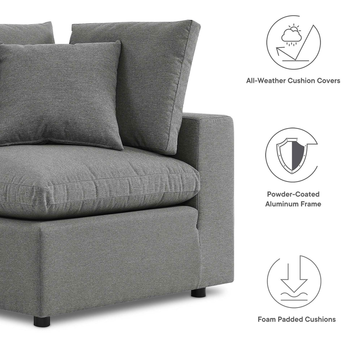 Feature icons highlight this charcoal outdoor sofa's all-weather covers, powder-coated frame, and foam cushions || EEI-5578-CHA || callout_studio