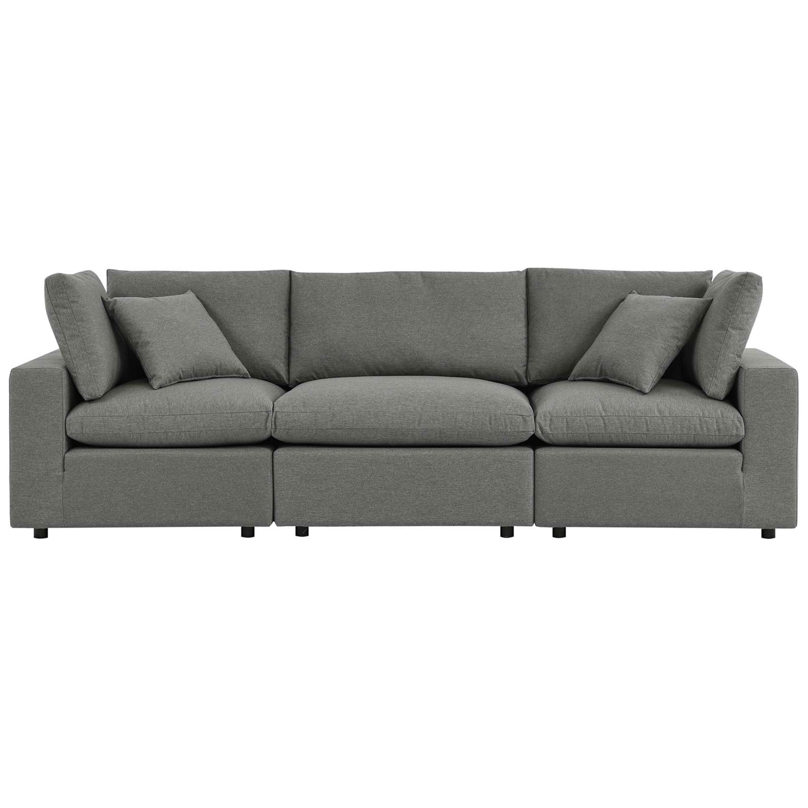Charcoal outdoor modular sofa with three deep seat cushions, plush back pillows, and low block feet || EEI-5578-CHA || front_studio