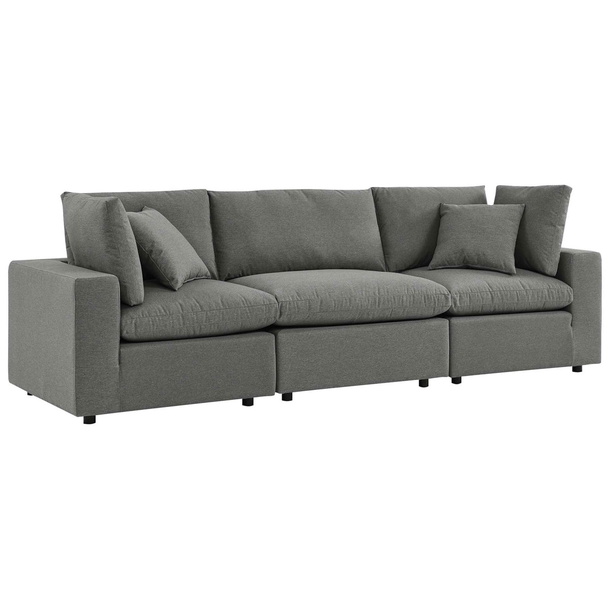 Charcoal outdoor patio sofa showcasing clean-lined arms and overstuffed modular seating for relaxed lounging || EEI-5578-CHA || front_angle_studio