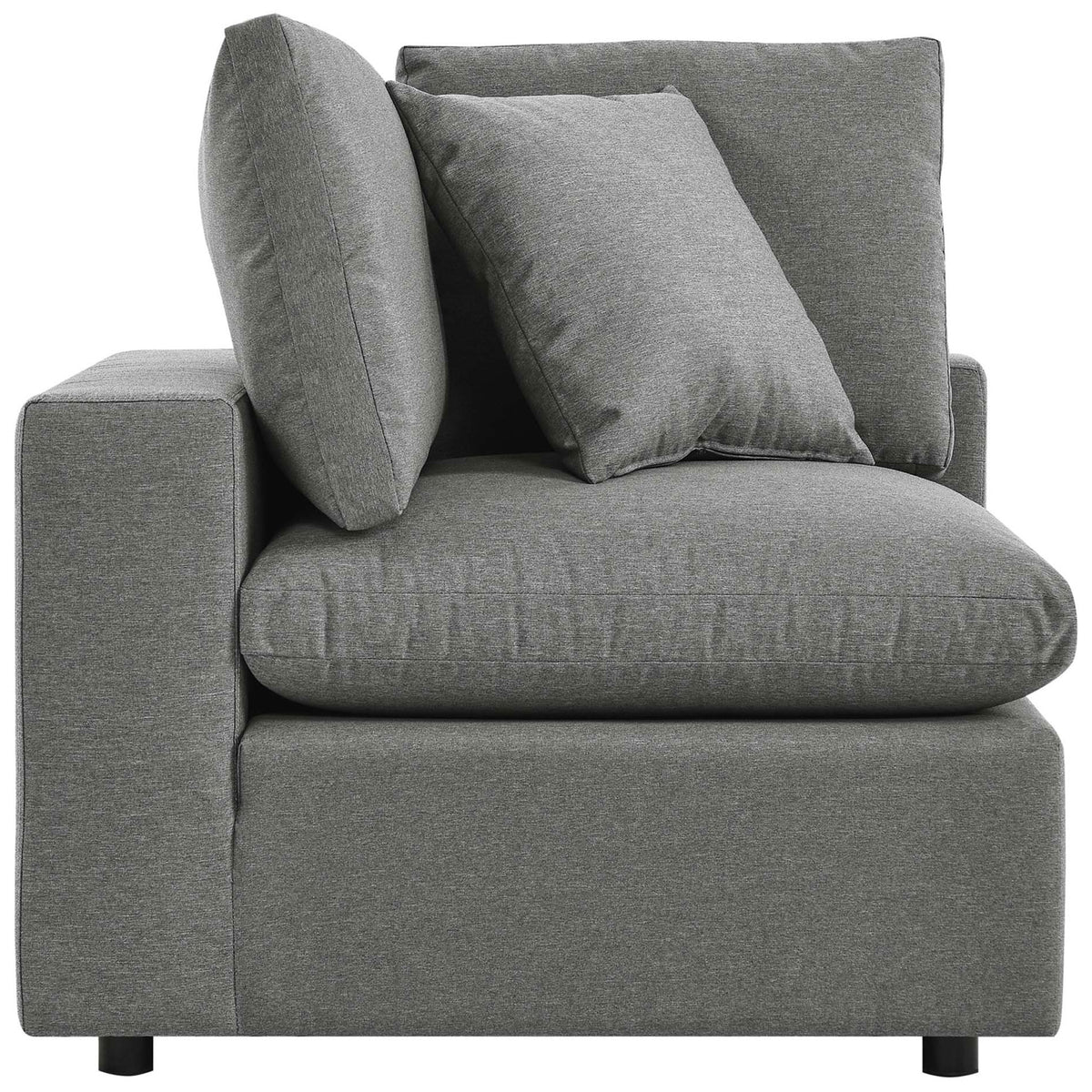 Charcoal corner chair module showing plush layered cushions and smooth upholstery along the arm || EEI-5578-CHA || side_partial_studio