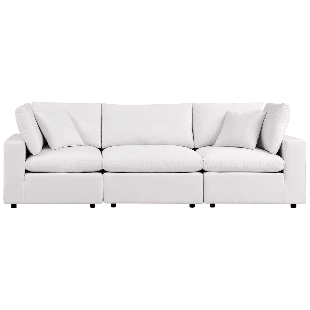White outdoor modular sofa with three generous seat cushions, plush back pillows, and low black feet || EEI-5578-WHI || front_studio