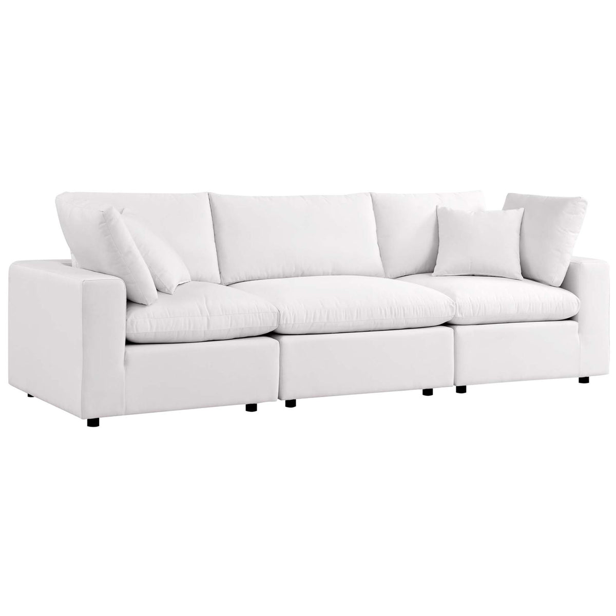 White outdoor patio sofa displaying clean-lined arms and inviting overstuffed modular seating || EEI-5578-WHI || front_angle_studio
