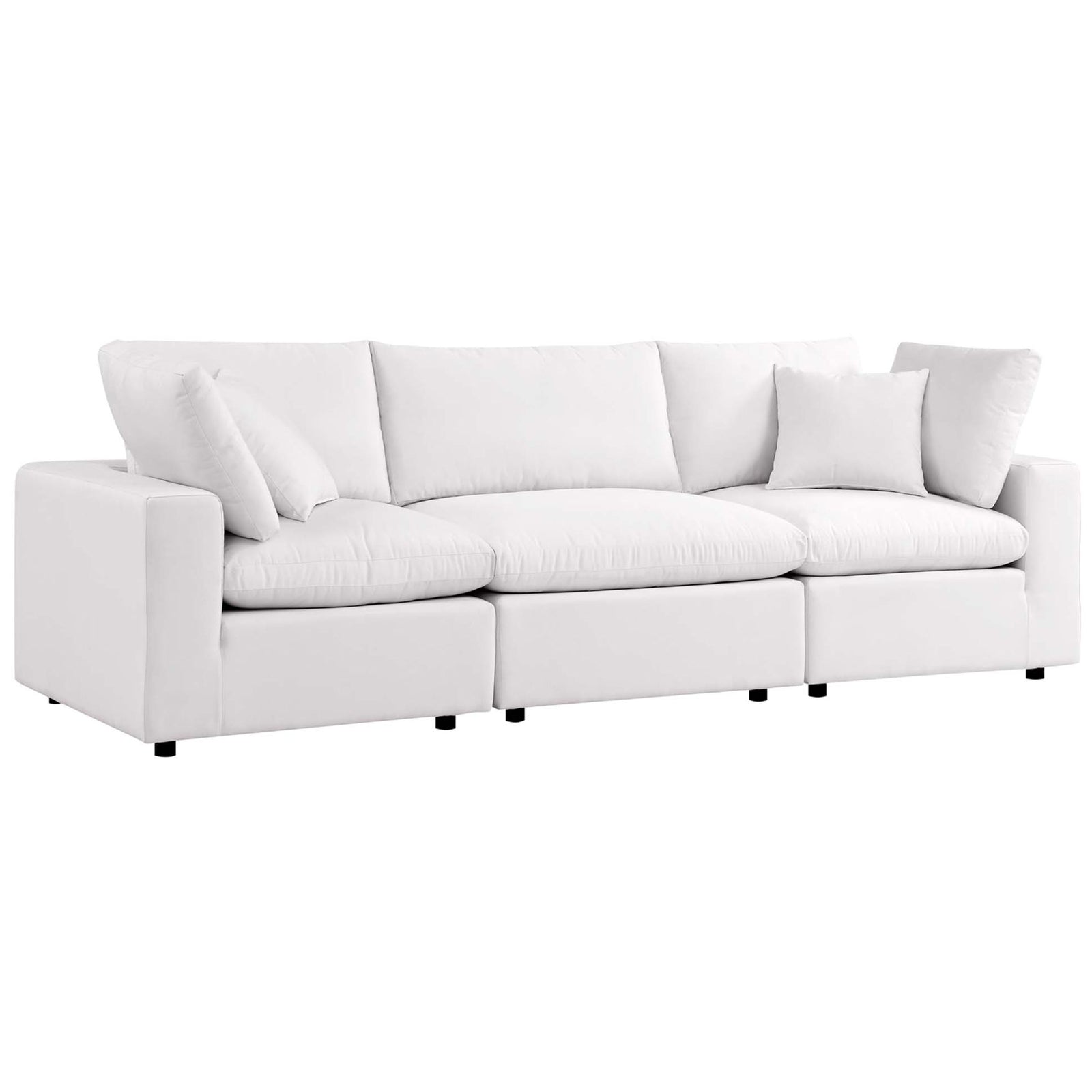 White outdoor patio sofa displaying clean-lined arms and inviting overstuffed modular seating || EEI-5578-WHI || front_angle_studio