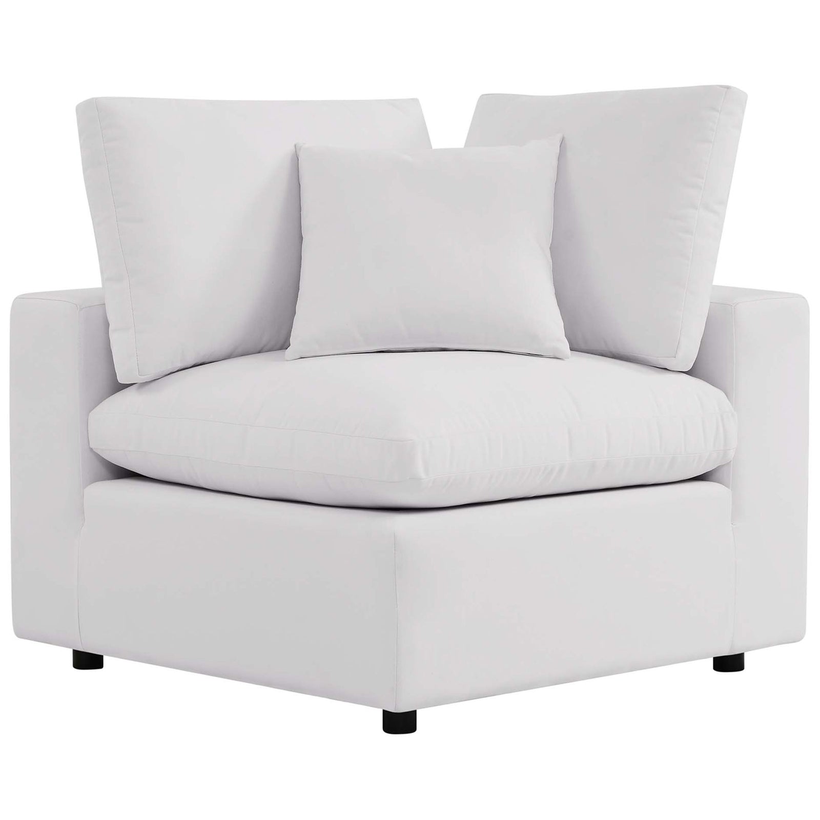 White corner chair module with an overstuffed seat, dual back pillows, and a matching throw cushion || EEI-5578-WHI || front_angle_partial_studio
