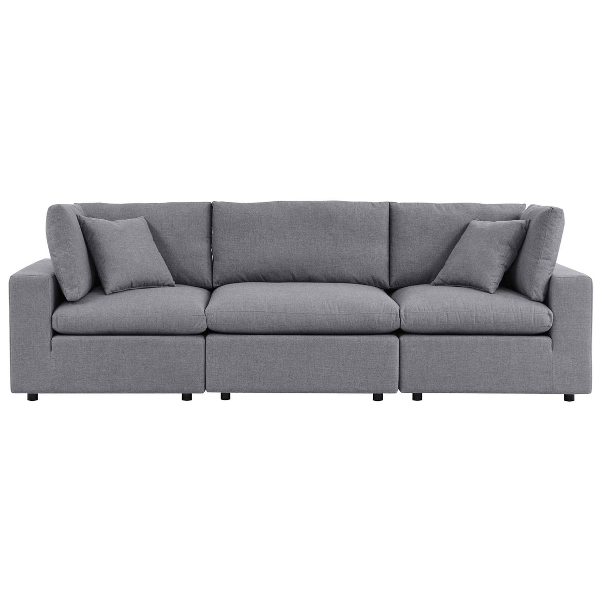 Gray Sunbrella outdoor modular sofa with three deep seat cushions, plush back pillows, and low block feet || EEI-5579-SLA || front_studio