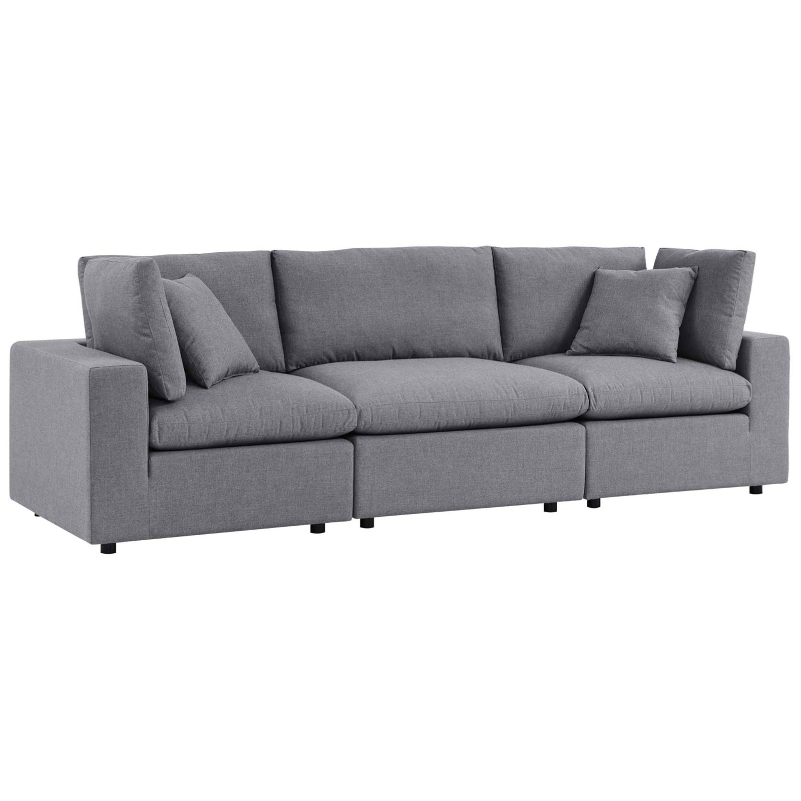 Gray Sunbrella patio sofa showcasing clean-lined arms and generously overstuffed modular seating || EEI-5579-SLA || front_angle_studio