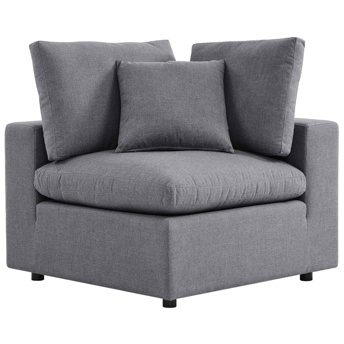 Gray Sunbrella corner chair module with an overstuffed seat, dual back pillows, and a throw cushion || EEI-5579-SLA || front_angle_partial_studio