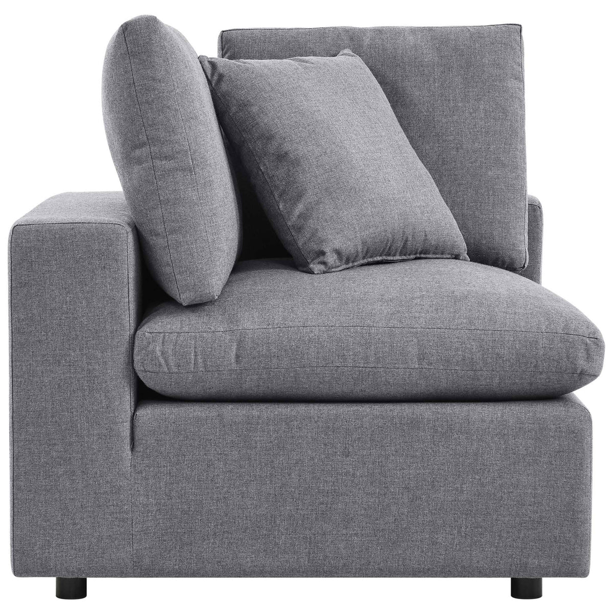 Gray Sunbrella corner chair module showing plush layered cushions and smooth upholstered arm || EEI-5579-SLA || side_partial_studio