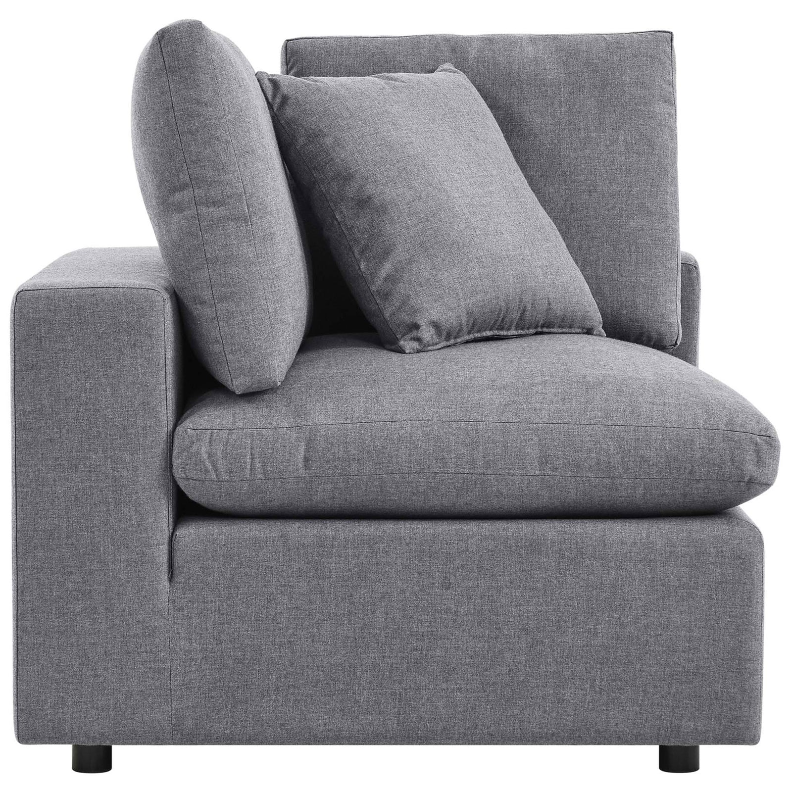 Gray Sunbrella corner chair module showing plush layered cushions and smooth upholstered arm || EEI-5579-SLA || side_partial_studio