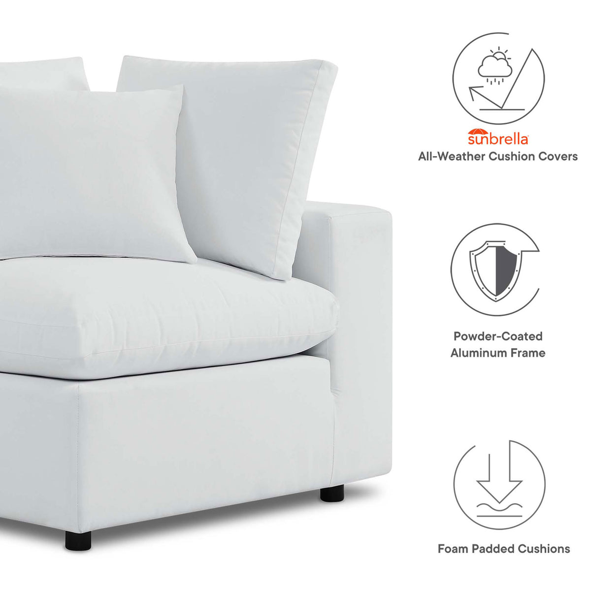 Feature icons highlight this white Sunbrella sofa's all-weather covers, powder-coated frame, and foam cushions || EEI-5579-WHI || callout_studio