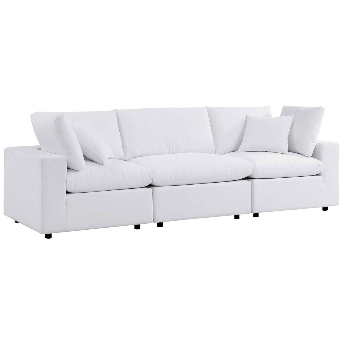 White Sunbrella patio sofa showcasing clean-lined arms and generously overstuffed modular seating || EEI-5579-WHI || front_angle_studio