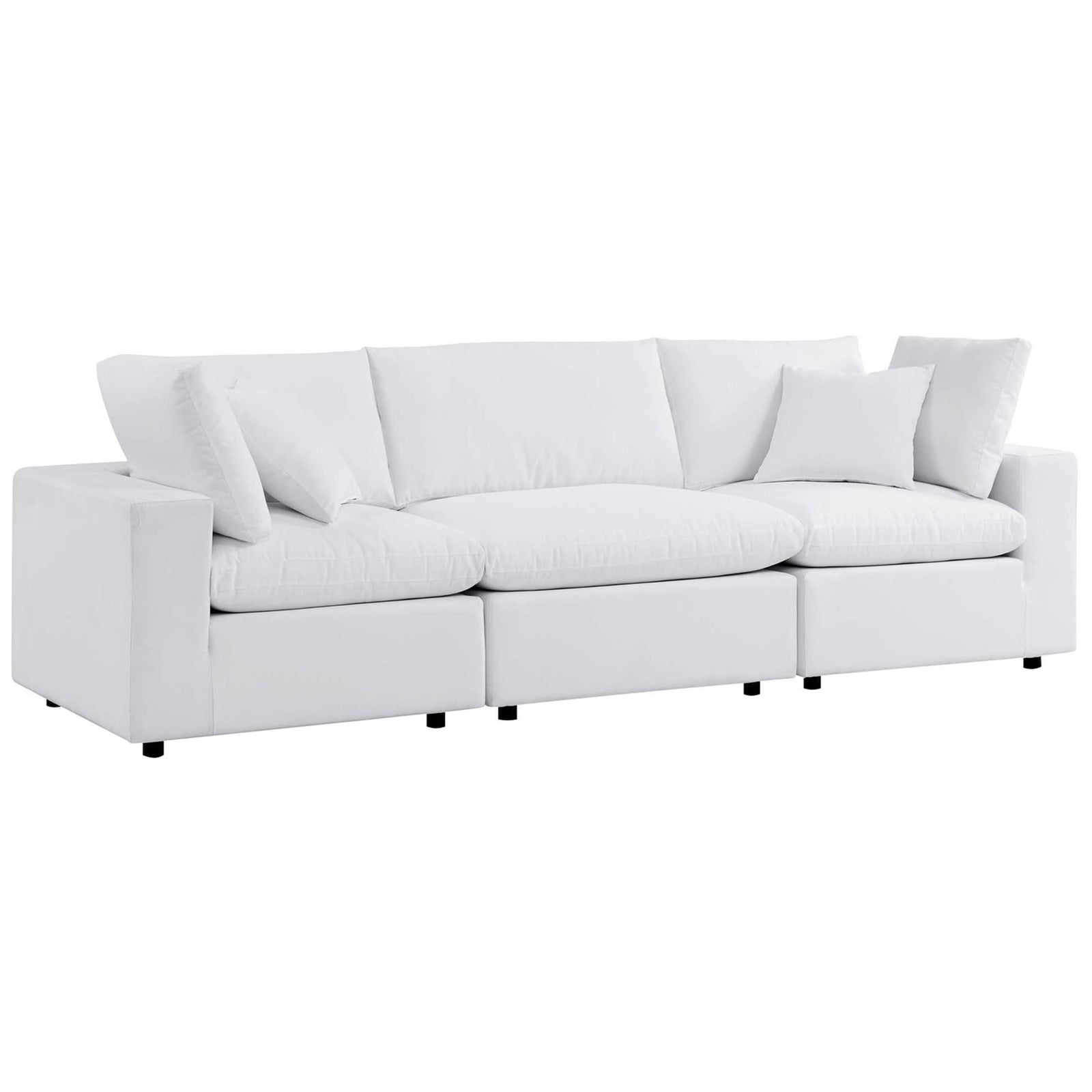 White Sunbrella patio sofa showcasing clean-lined arms and generously overstuffed modular seating || EEI-5579-WHI || front_angle_studio