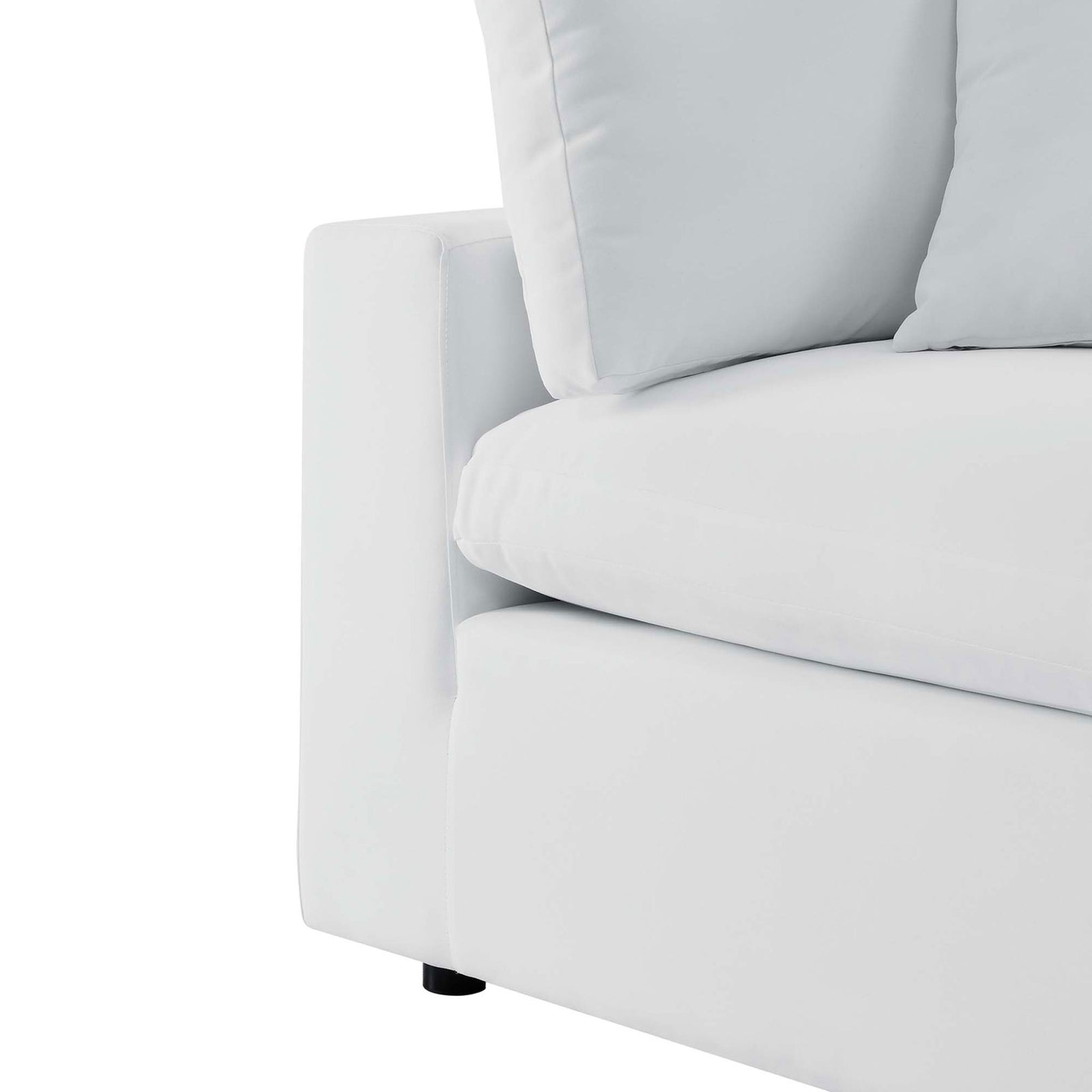 Arm and seat cushions of the white Sunbrella sofa emphasize the thick padding and crisp track arm || EEI-5579-WHI || detail_studio