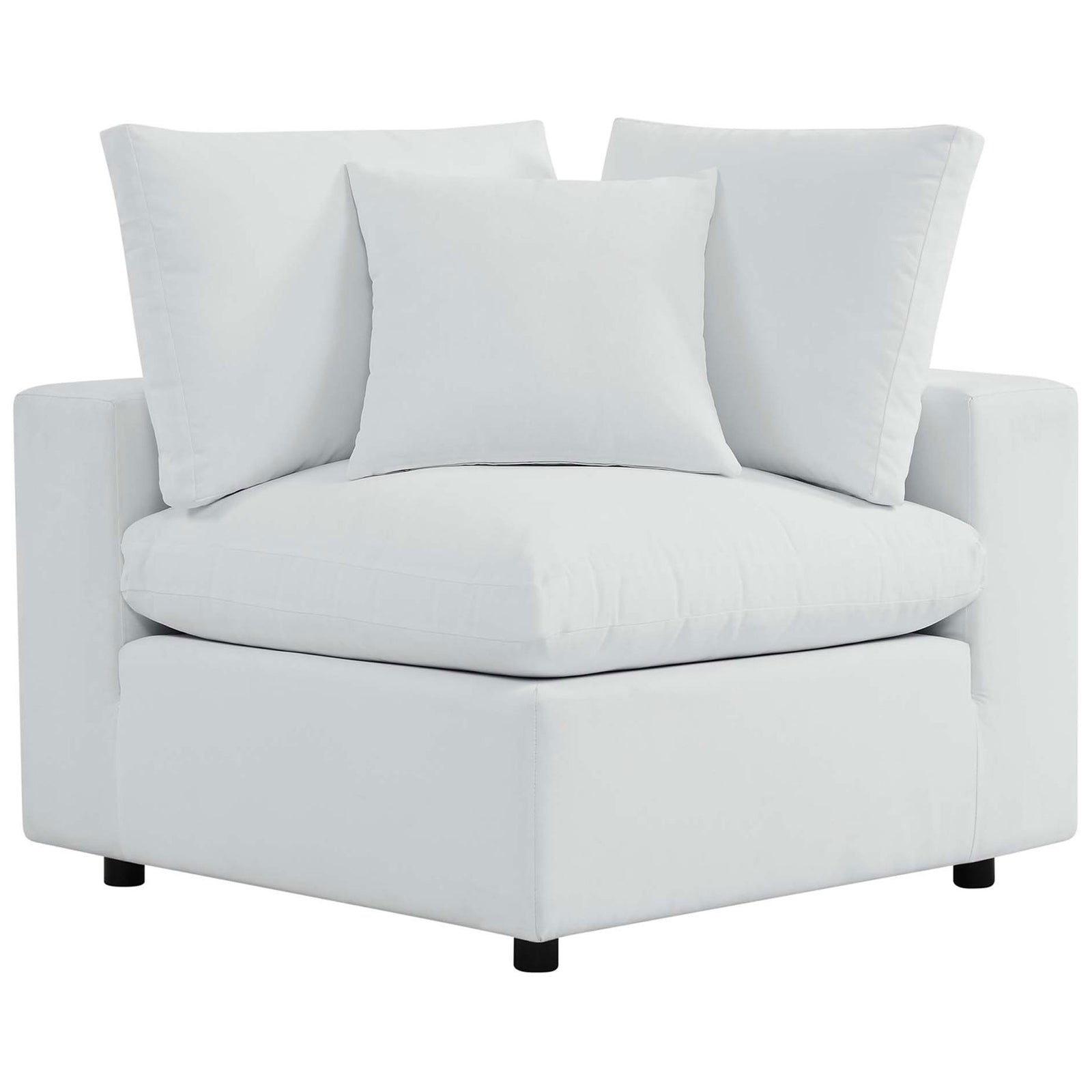 White Sunbrella corner chair module with an overstuffed seat, dual back pillows, and a throw cushion || EEI-5579-WHI || front_angle_partial_studio