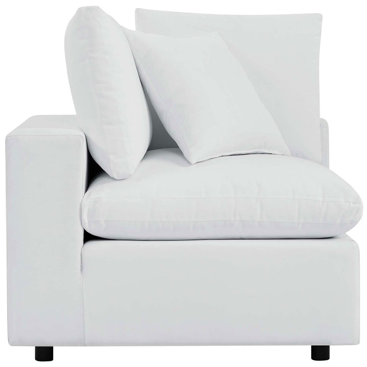 White Sunbrella corner chair module showing plush layered cushions and smooth upholstered arm || EEI-5579-WHI || side_partial_studio