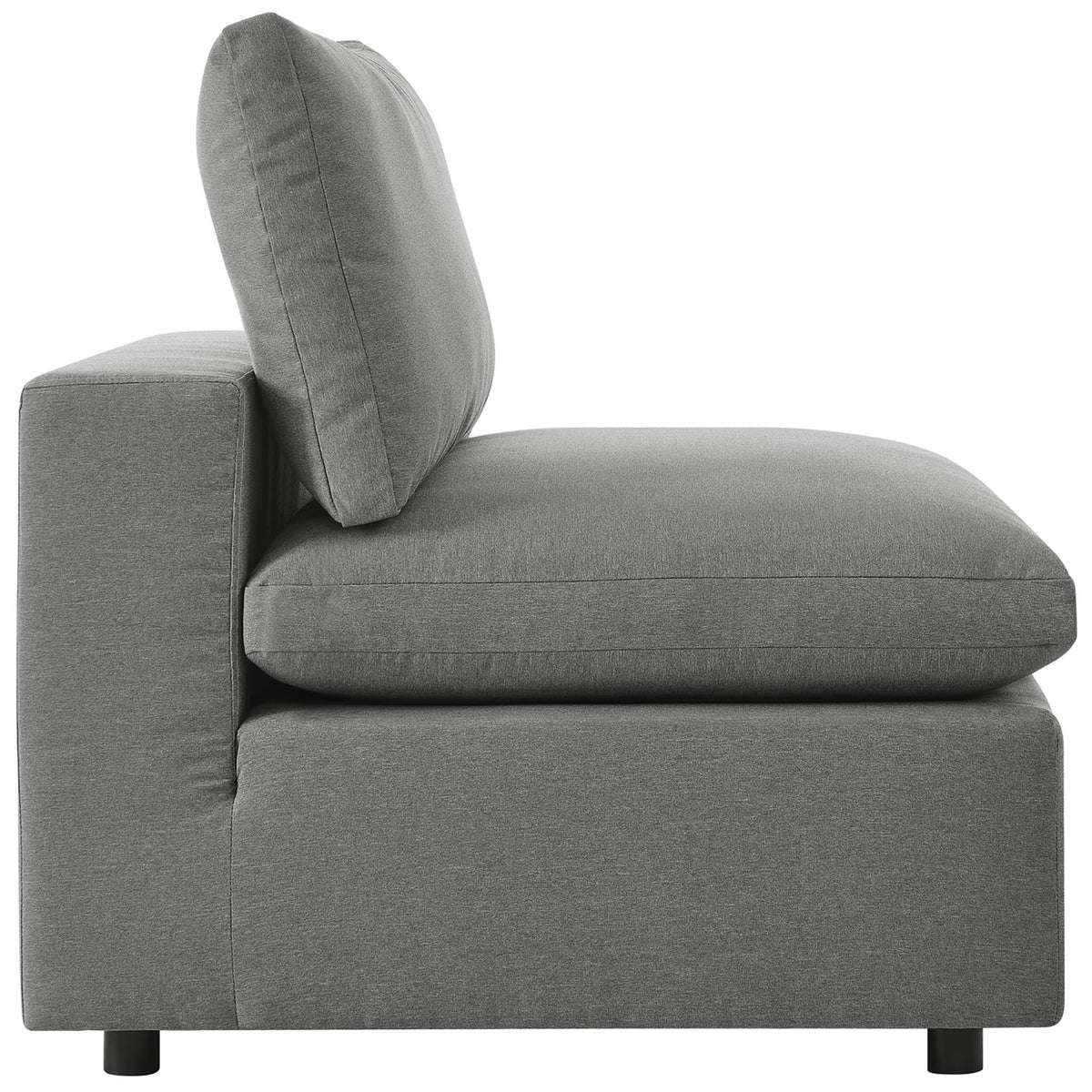Charcoal armless chair with a thick seat cushion and smooth straight sides for a lounge-ready look. || EEI-5587-CHA || side_partial_studio