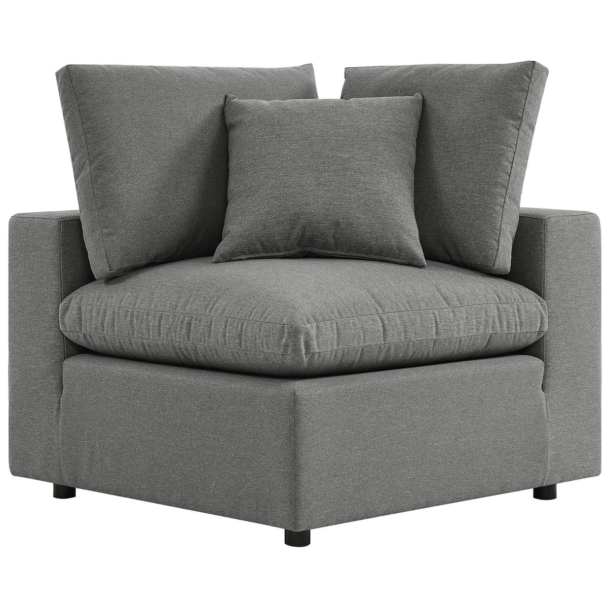 Charcoal corner chair with plush seat and layered back cushions creating a cozy corner nook. || EEI-5587-CHA || front_angle_partial_studio