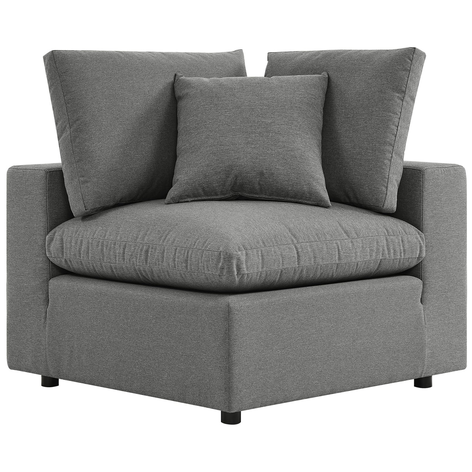 Charcoal corner chair with plush seat and layered back cushions creating a cozy corner nook. || EEI-5587-CHA || front_angle_partial_studio