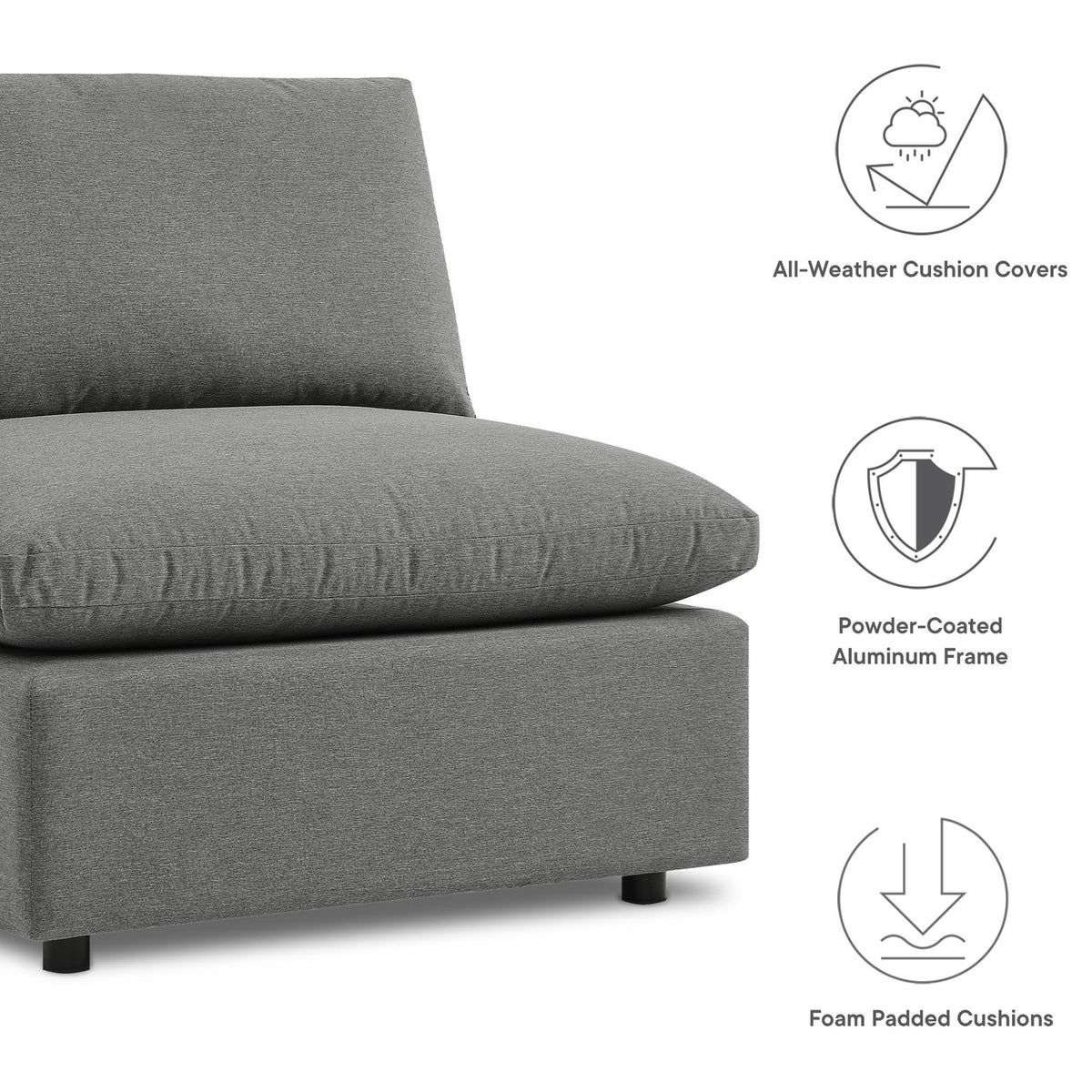 Commix sectional features all-weather cushion covers, powder-coated aluminum frame, and foam-padded comfort. || EEI-5587-CHA || callout_studio