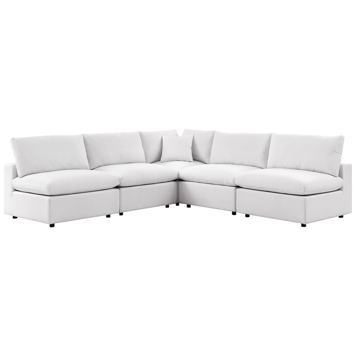 L-shaped white outdoor sectional with oversized cushions and a low, contemporary silhouette. || EEI-5587-WHI || front_angle_studio