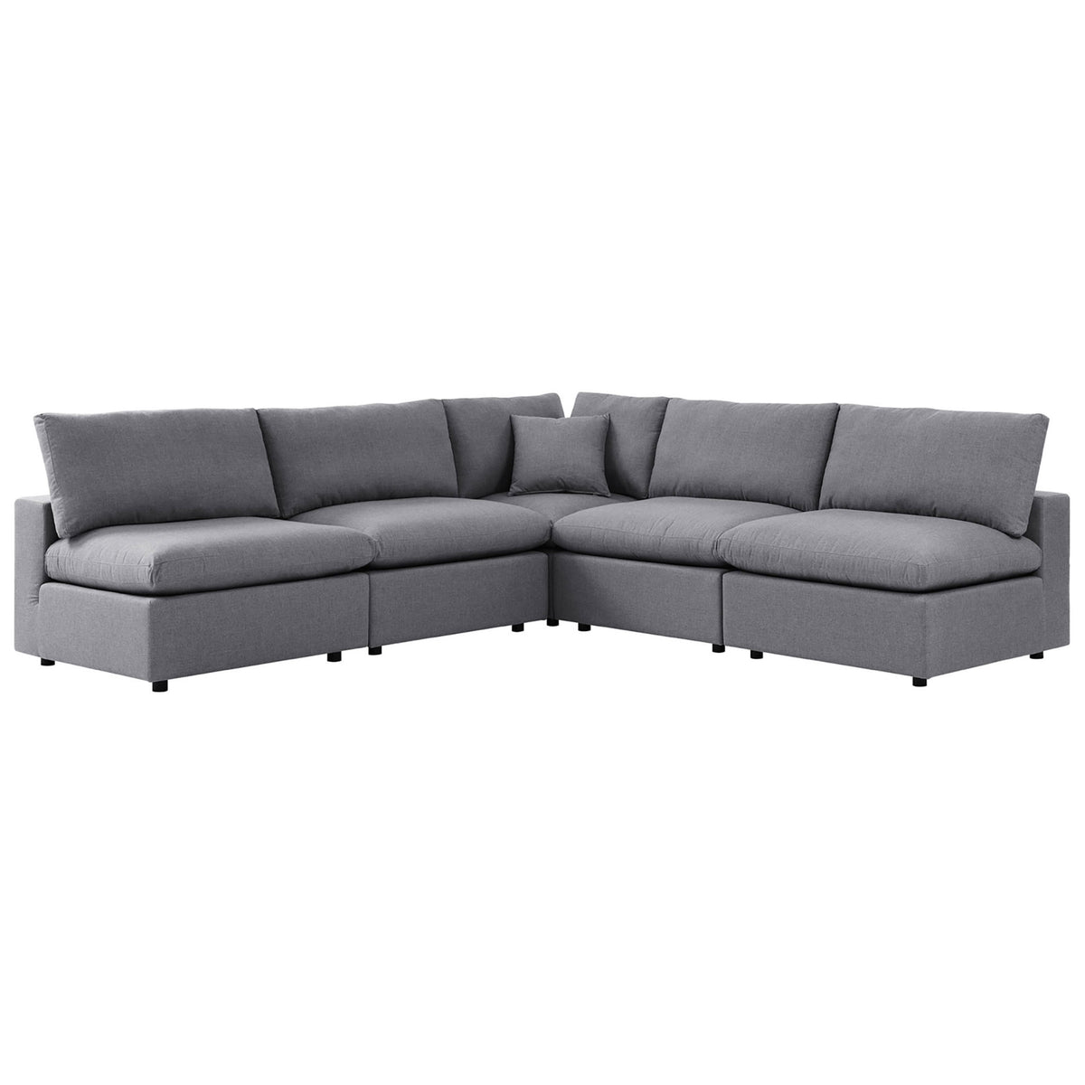 L-shaped gray Sunbrella outdoor sectional with deep cushions and relaxed, modern styling. || EEI-5588-SLA || front_angle_studio