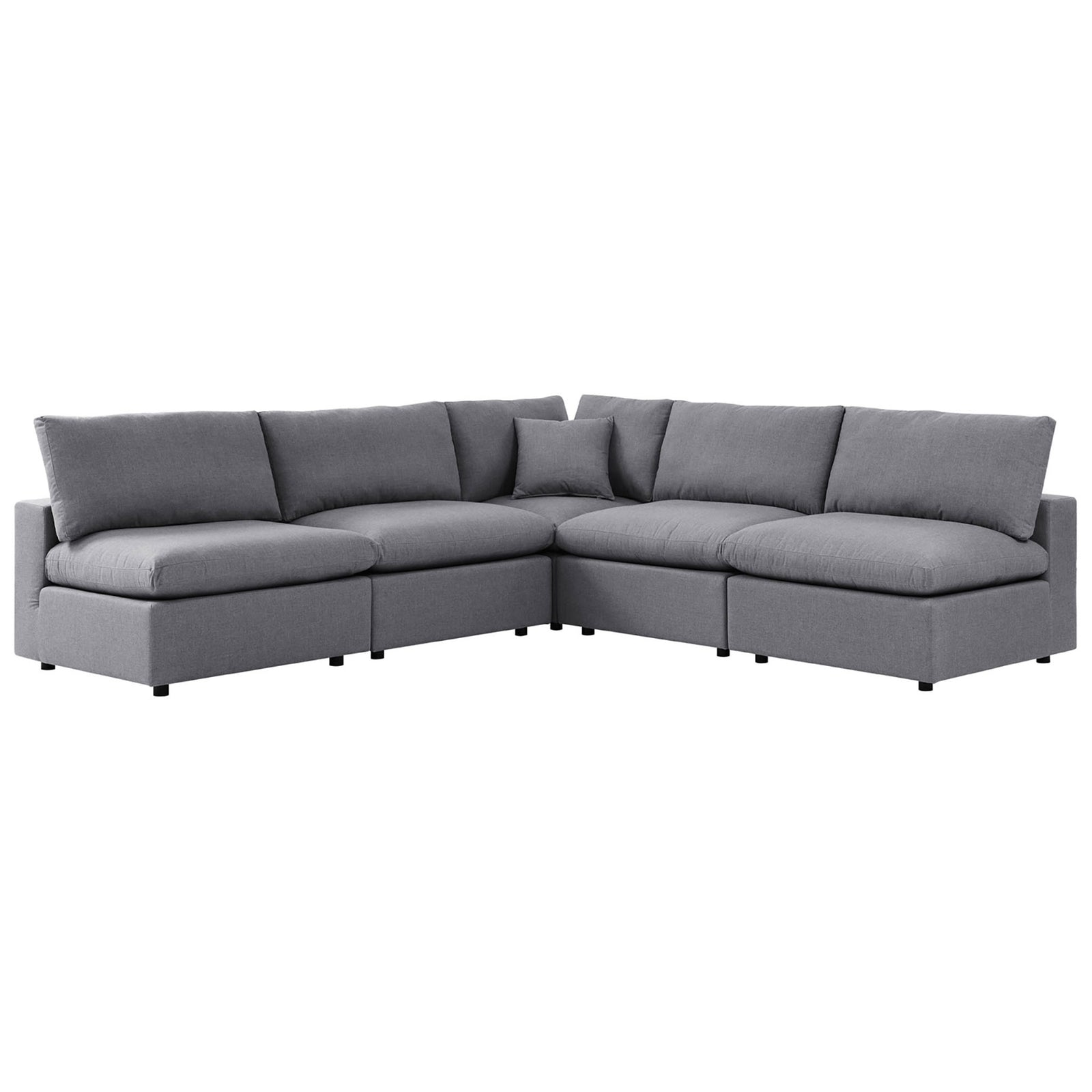 L-shaped gray Sunbrella outdoor sectional with deep cushions and relaxed, modern styling. || EEI-5588-SLA || front_angle_studio