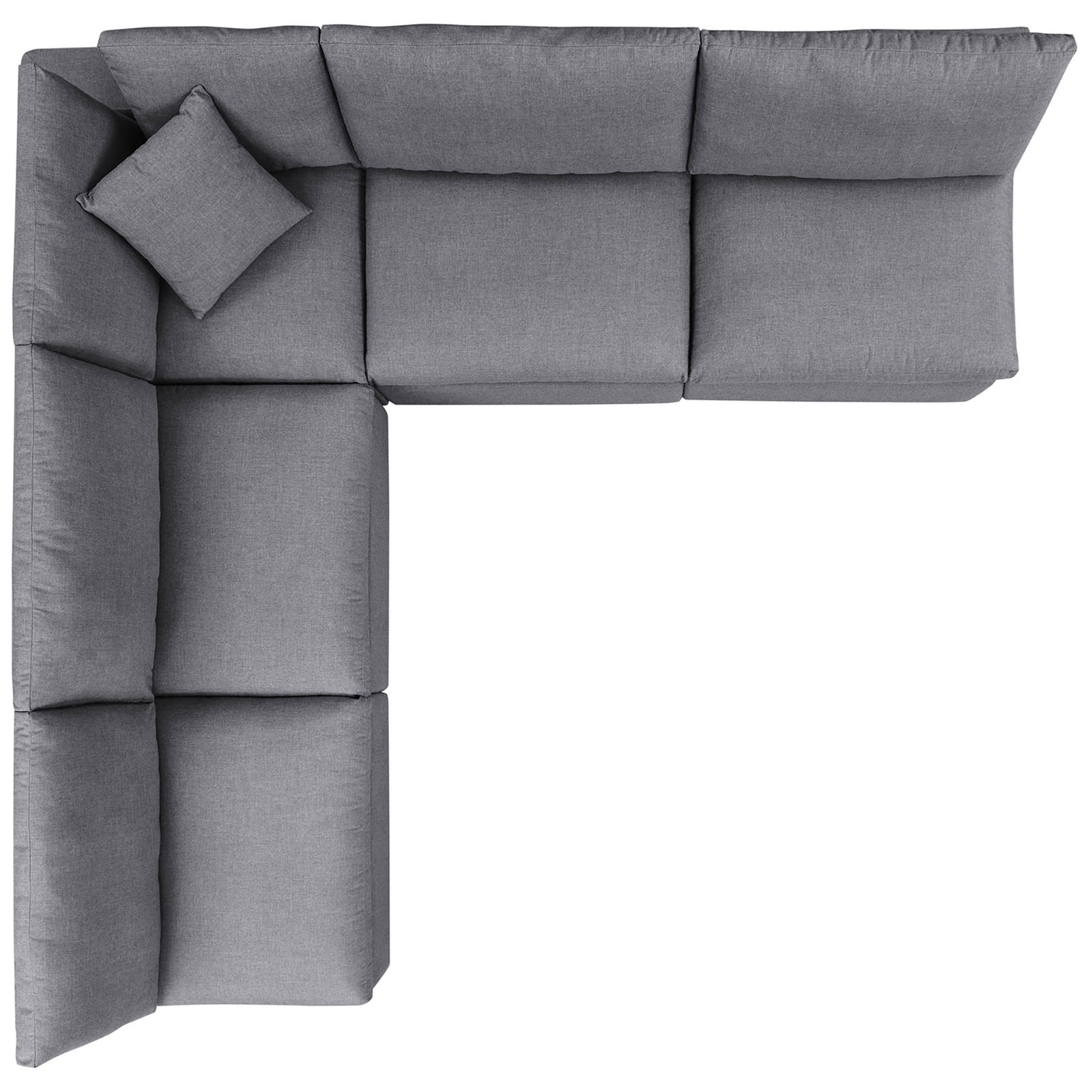 Gray Sunbrella modular sectional arranged in an ample L shape with thick, supportive seating. || EEI-5588-SLA || top_studio