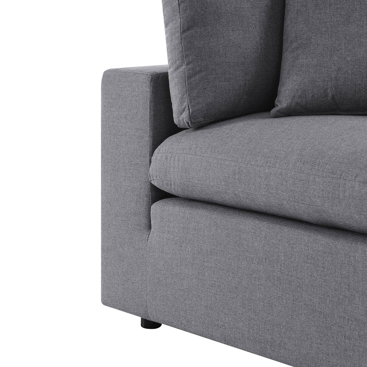 Gray Sunbrella fabric and smooth tailoring highlighted on the wide arm and plush seat cushion. || EEI-5588-SLA || detail_studio