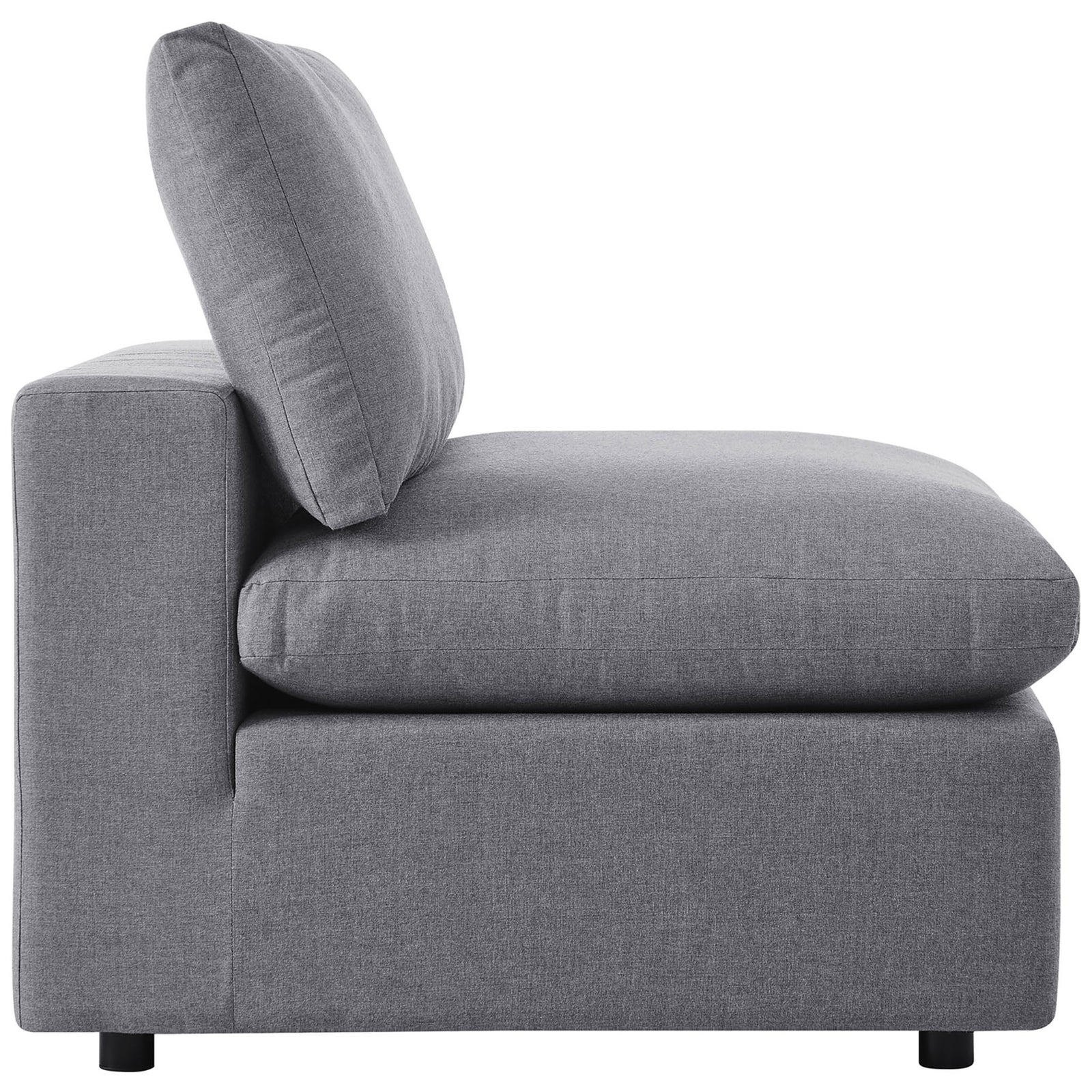 Gray Sunbrella armless chair with an extra-deep seat and tailored base for laid-back comfort. || EEI-5588-SLA || side_partial_studio