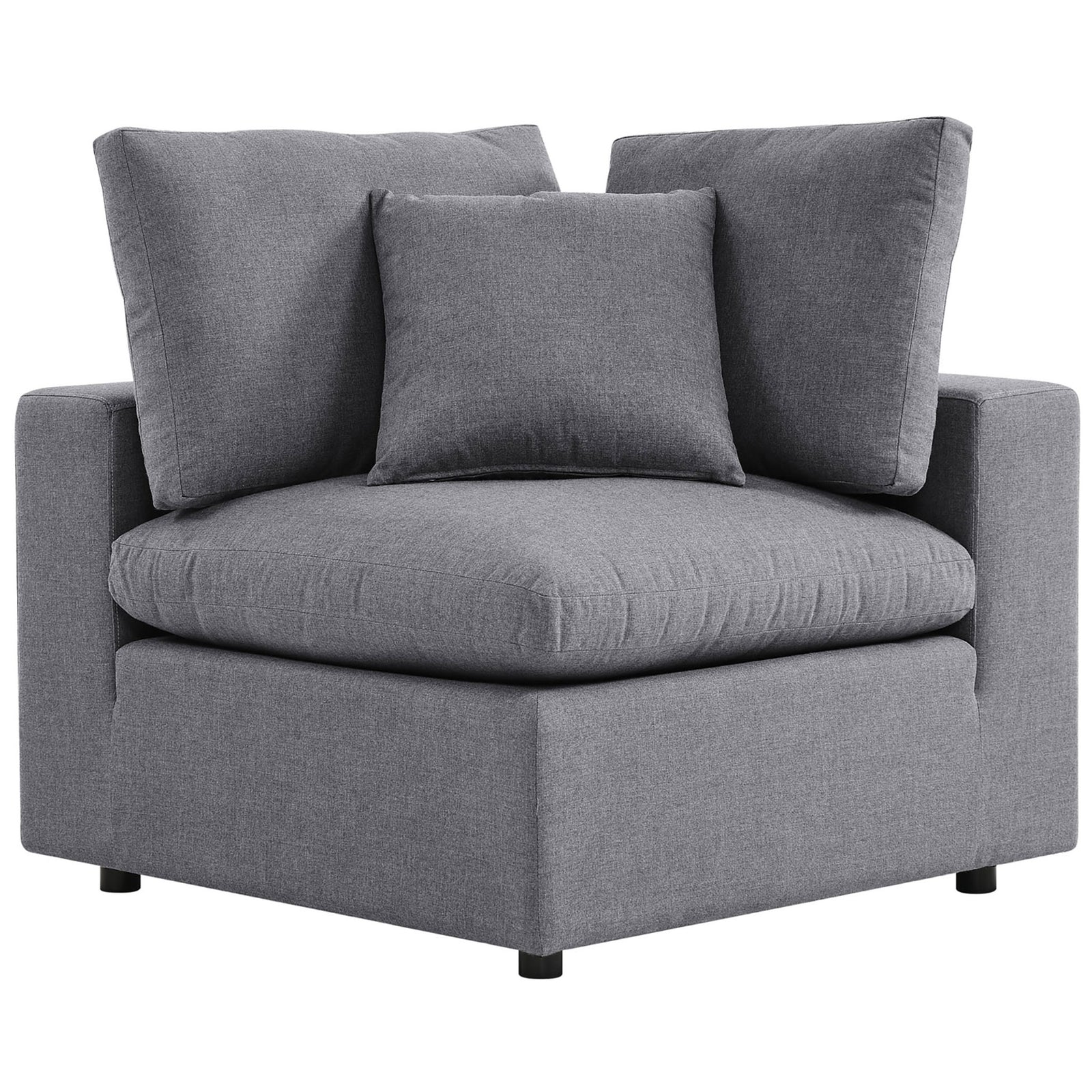 Gray Sunbrella corner chair featuring a thick seat and layered back pillows for snug support. || EEI-5588-SLA || front_angle_partial_studio