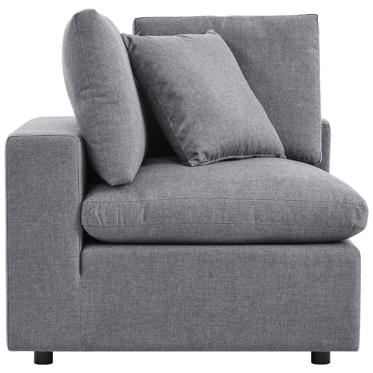 Gray Sunbrella corner chair with wraparound back cushions that cradle you in comfort. || EEI-5588-SLA || side_partial_studio
