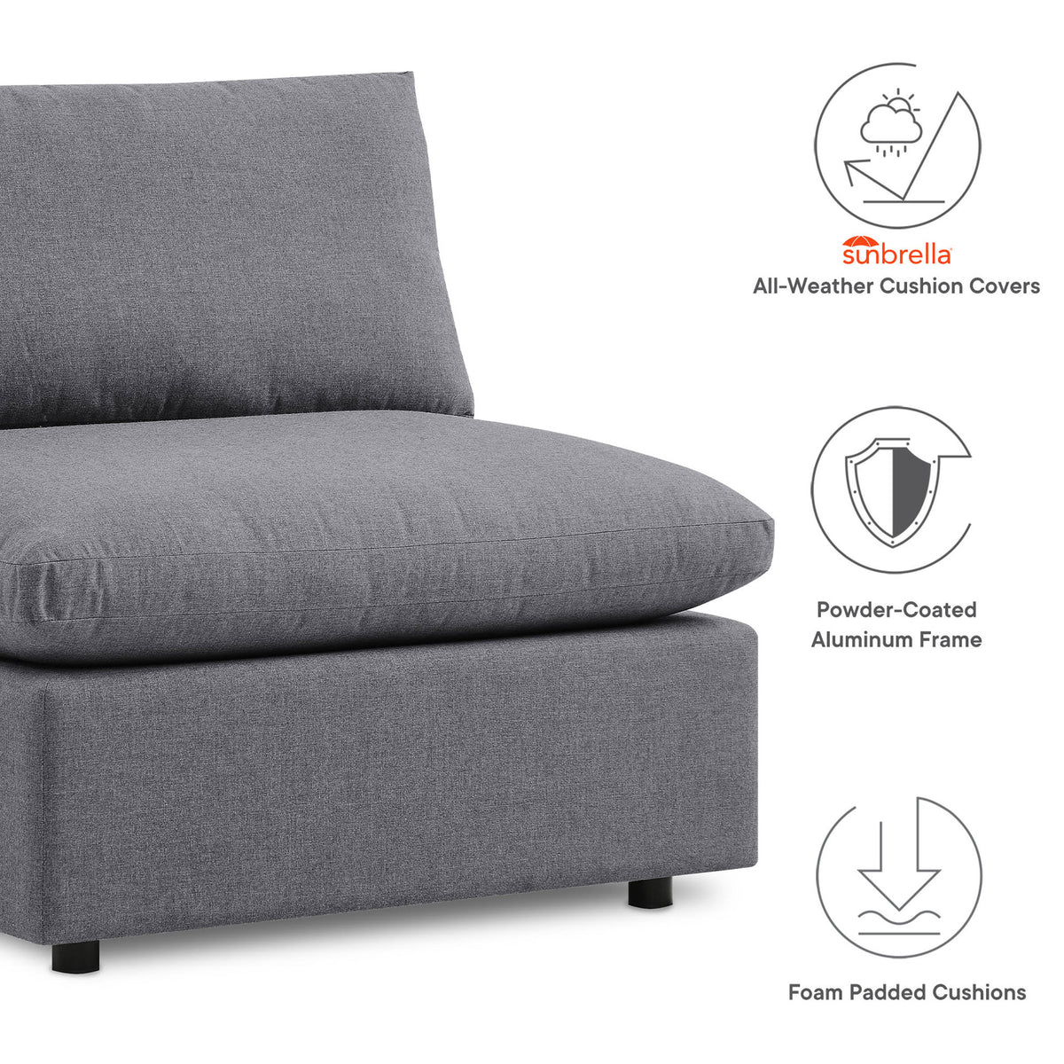 Commix gray Sunbrella sectional with all-weather cushion covers, powder-coated frame, and foam padding. || EEI-5588-SLA || callout_studio
