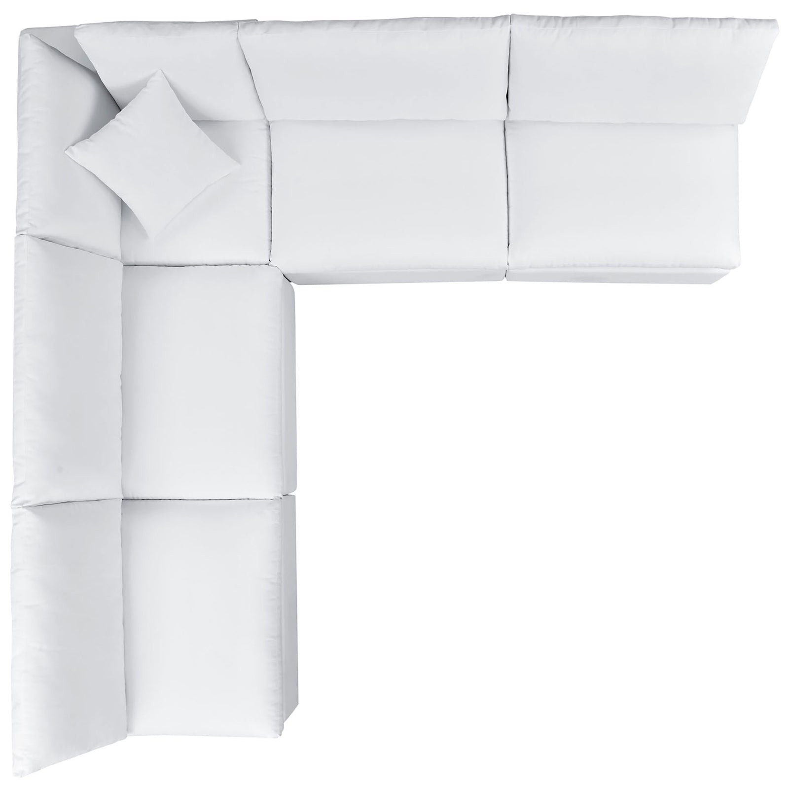 White Sunbrella modular sectional arranged in a roomy L layout with plush, supportive seating. || EEI-5588-WHI || top_studio