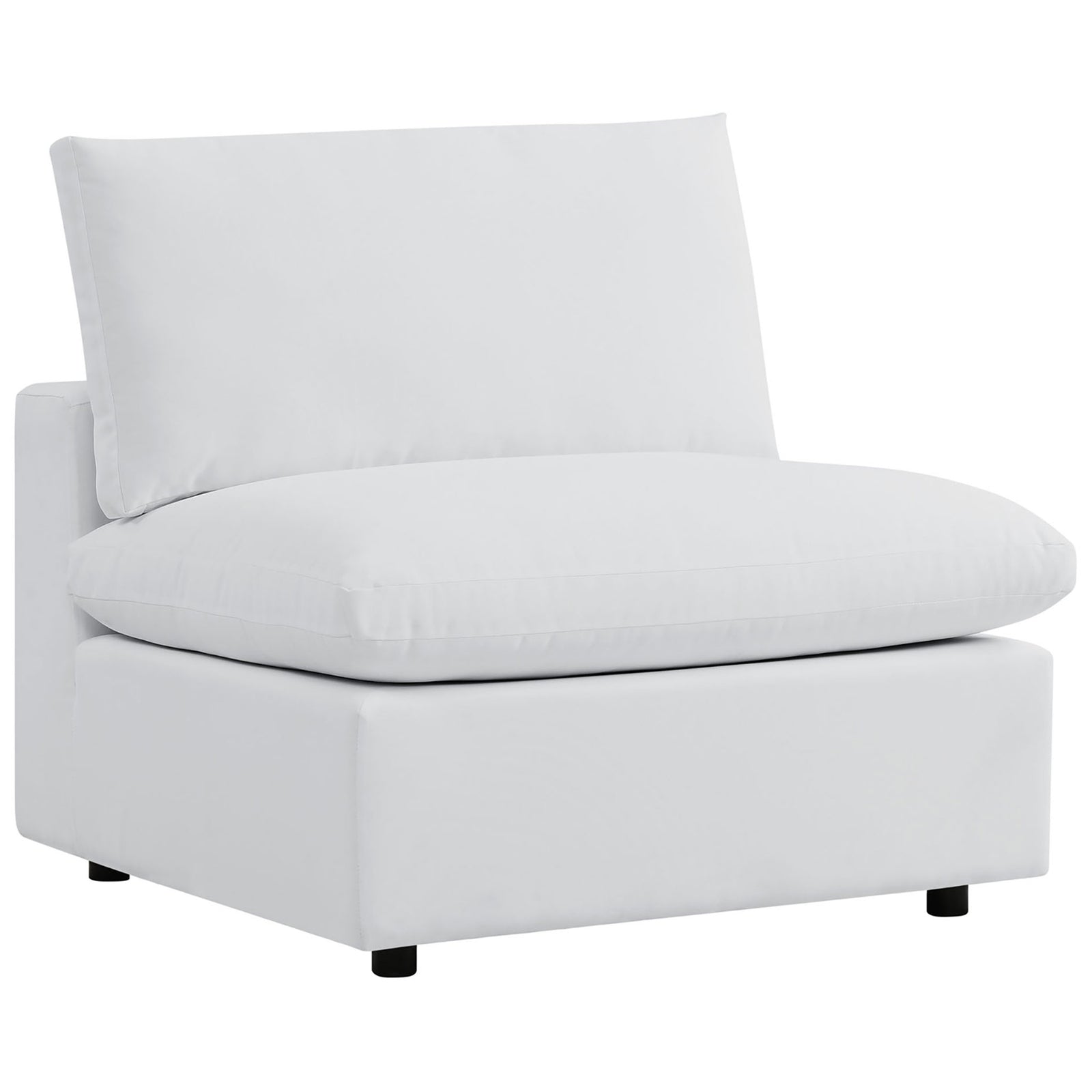 Overstuffed white Sunbrella armless chair with deep cushioning for luxurious outdoor lounging. || EEI-5588-WHI || front_angle_partial_studio
