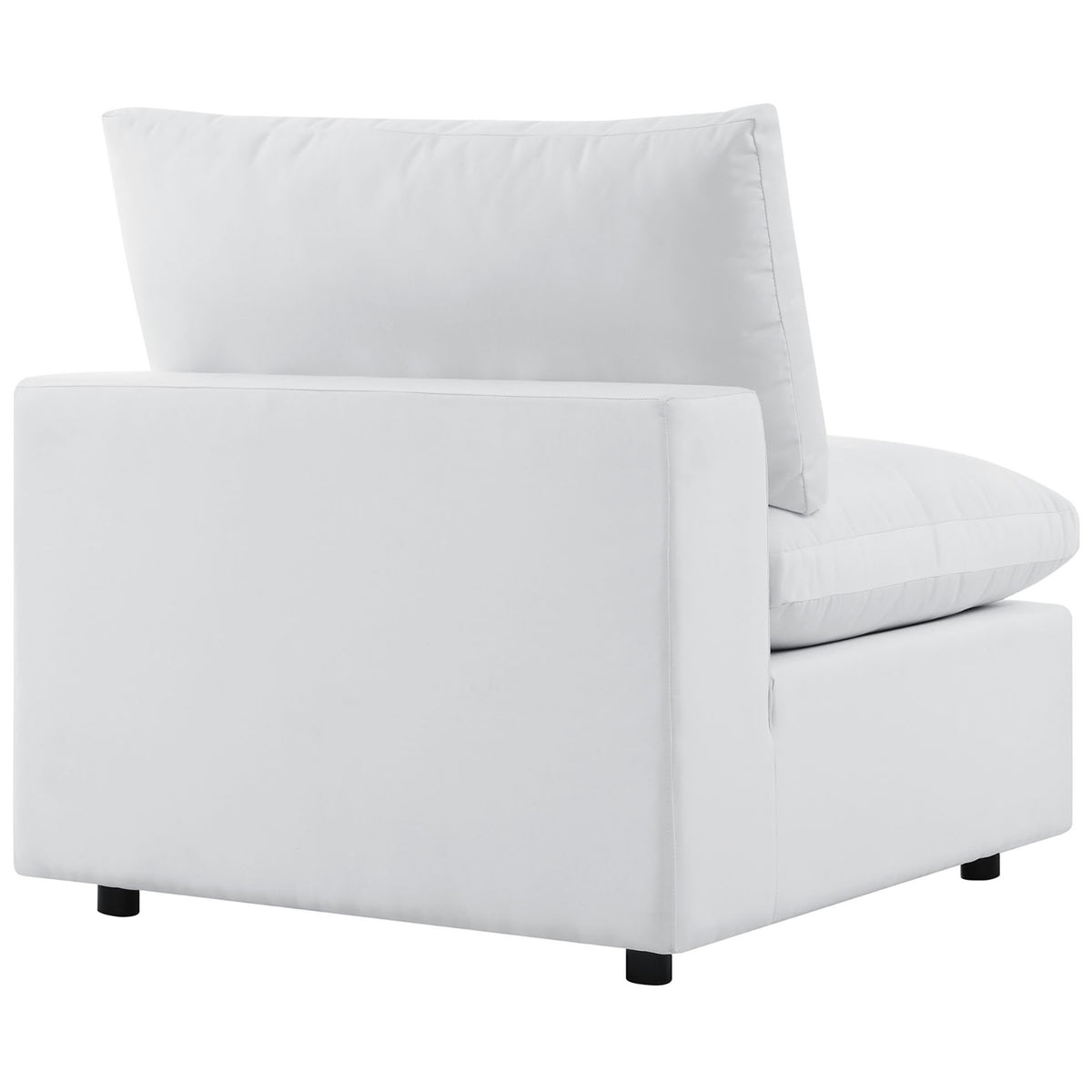 White Sunbrella armless chair with fully upholstered back and low black feet for a polished look. || EEI-5588-WHI || back_angle_partial_studio