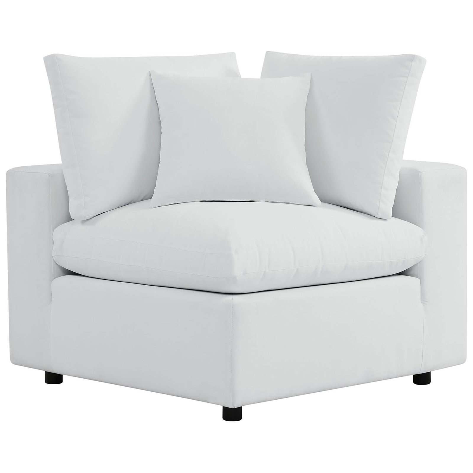 White Sunbrella corner chair featuring a thick seat and layered cushions for cocoon-like comfort. || EEI-5588-WHI || front_angle_partial_studio