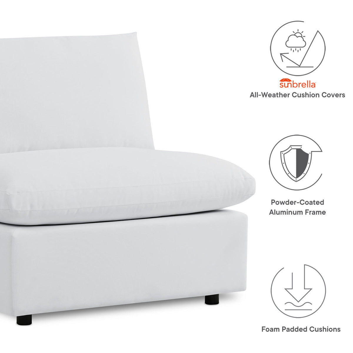 Commix white Sunbrella sectional with all-weather cushion covers, powder-coated frame, and foam padding. || EEI-5588-WHI || callout_studio