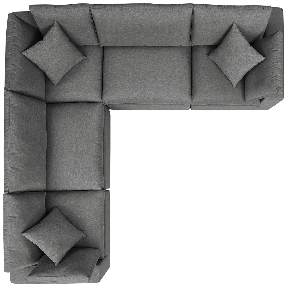 Five-piece charcoal Commix outdoor sectional arranged in a generous L-shape with plush back and seat cushions. || EEI-5589-CHA || top_studio