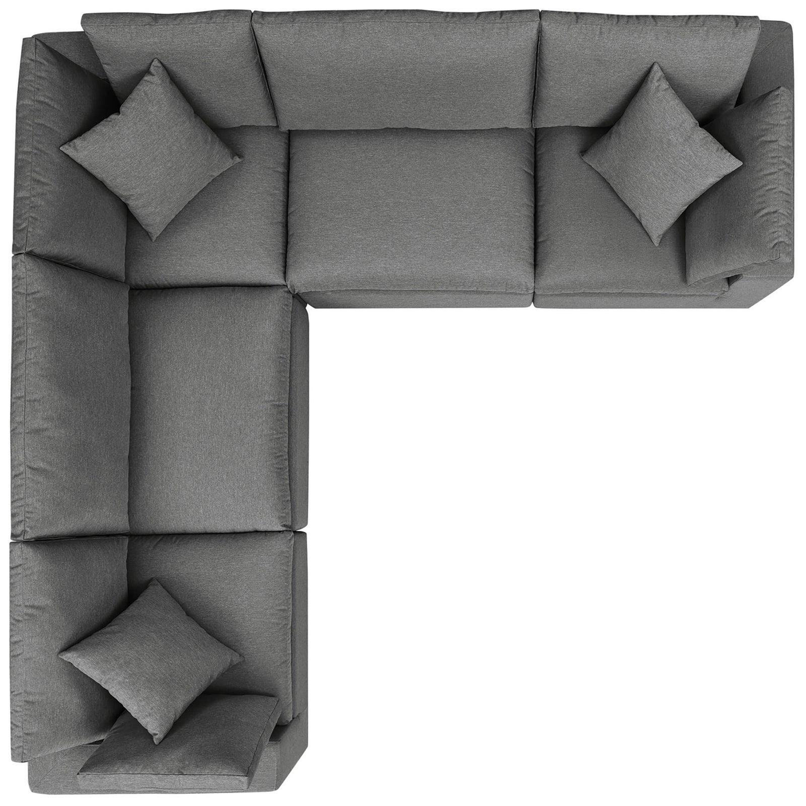 Five-piece charcoal Commix outdoor sectional arranged in a generous L-shape with plush back and seat cushions. || EEI-5589-CHA || top_studio