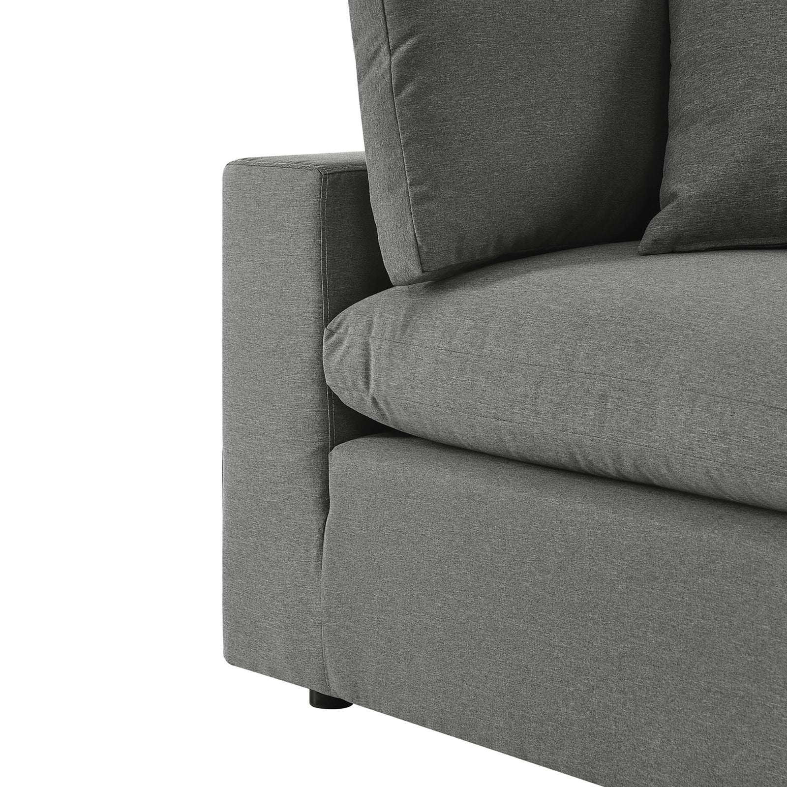 Charcoal Commix sectional arm showing smooth upholstery, padded track armrest, and generously filled seat cushion. || EEI-5589-CHA || detail_studio
