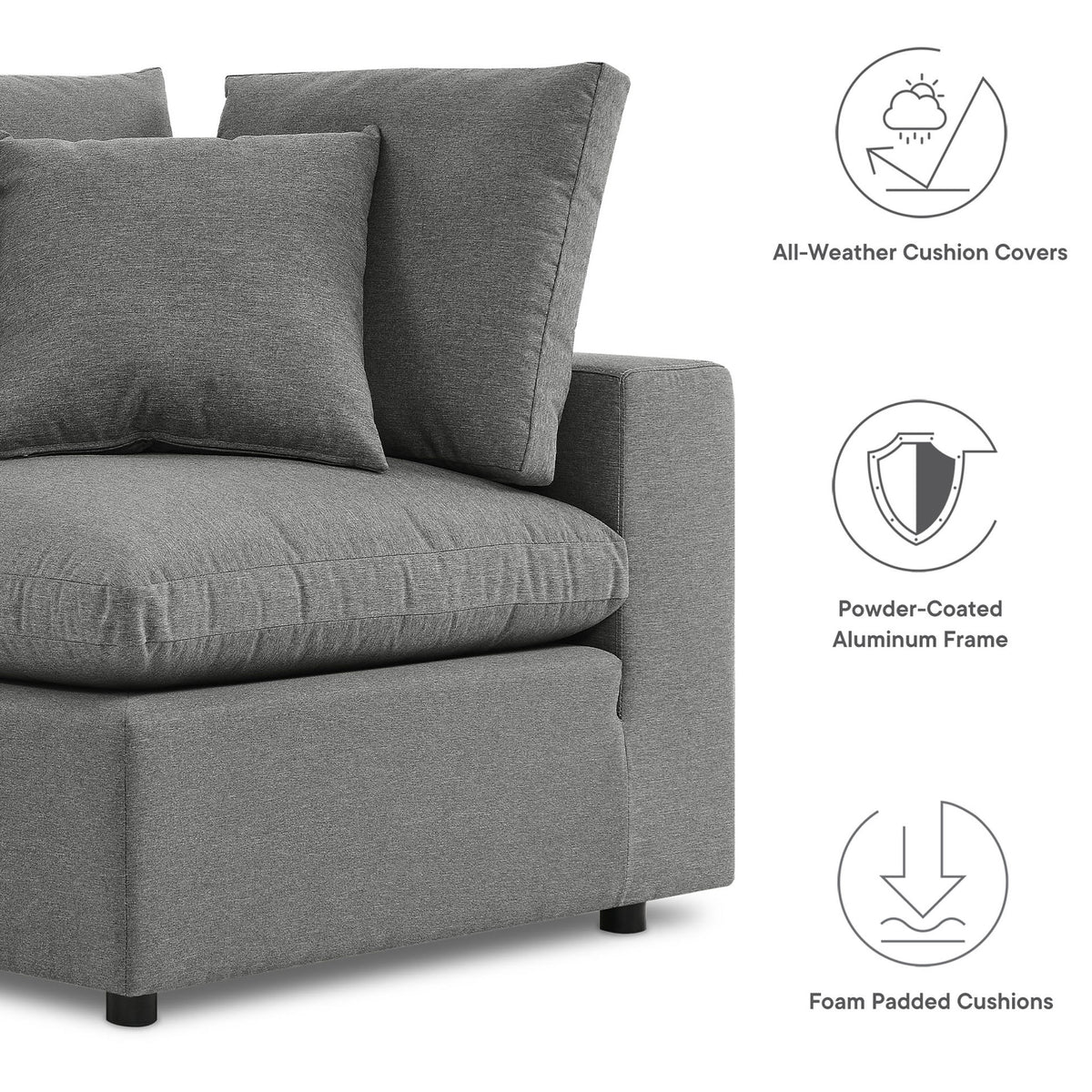 Charcoal Commix corner chair with icons highlighting all-weather cushion covers, powder-coated frame, and foam padding. || EEI-5589-CHA || callout_studio