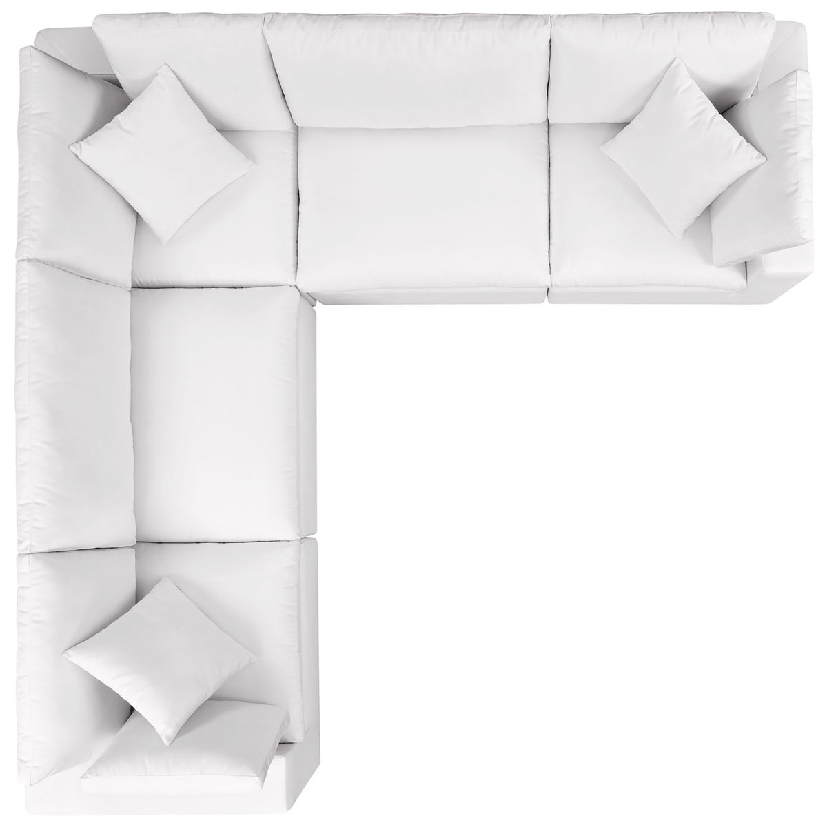 Five-piece white Commix outdoor sectional arranged in an open L-configuration with padded seats and back cushions. || EEI-5589-WHI || top_studio